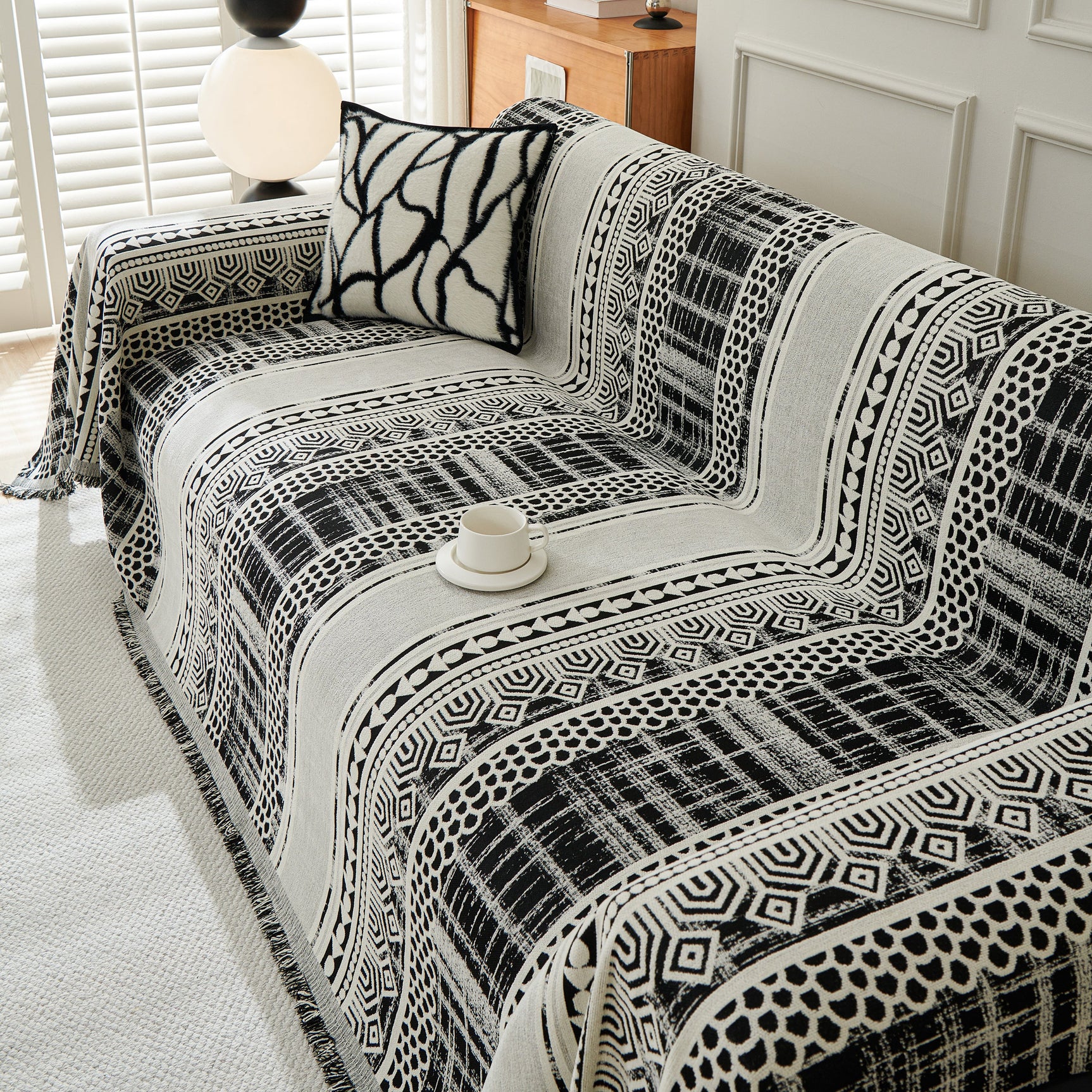 Chenille Sofa Cover Throw Blanket, Boho Geometric Scratch Proof Couch Protector - Ornate Home