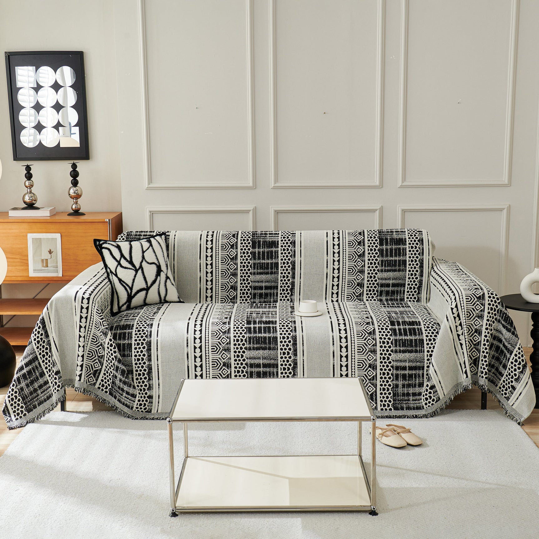 Chenille Sofa Cover Throw Blanket, Boho Geometric Scratch Proof Couch Protector - Ornate Home