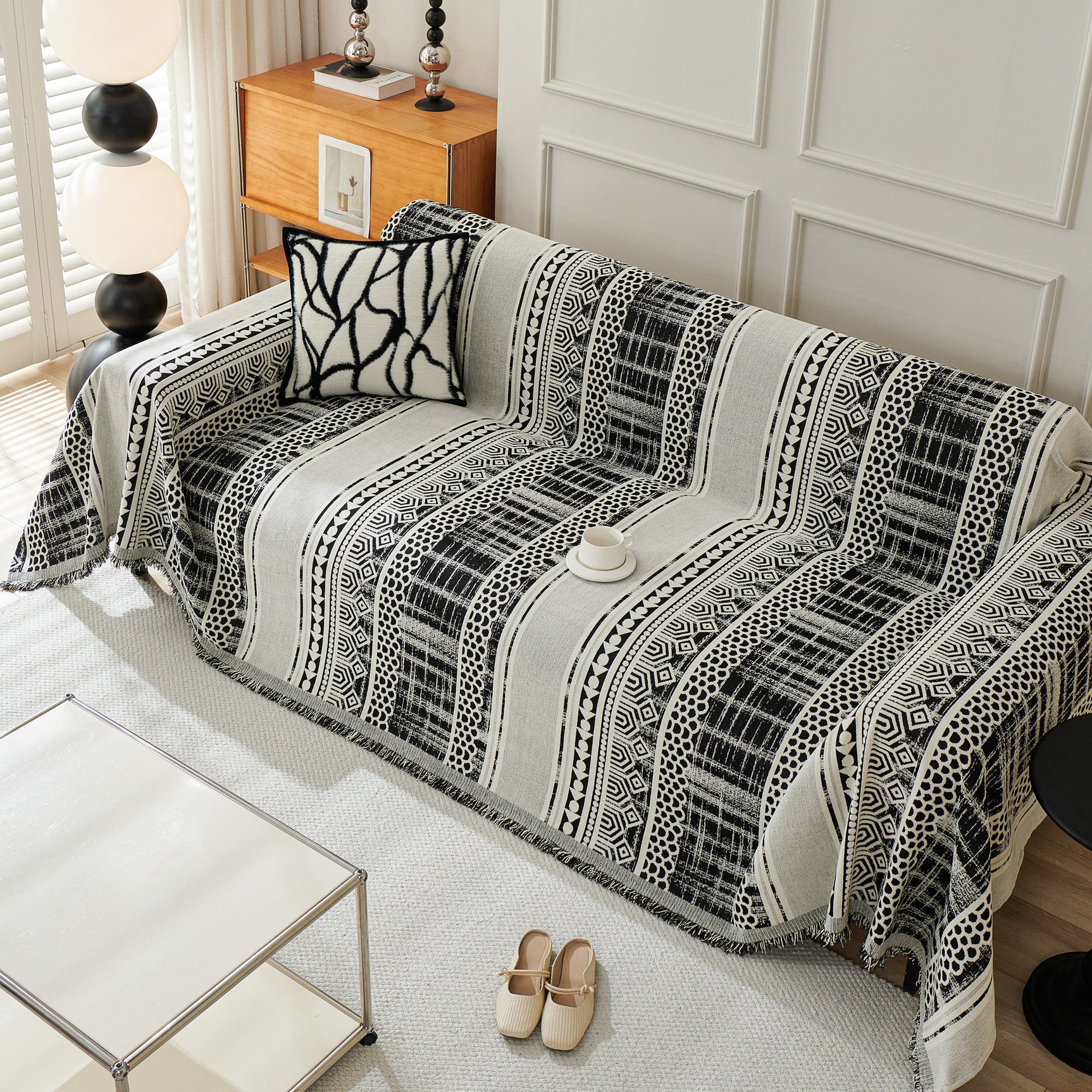 Chenille Sofa Cover Throw Blanket, Boho Geometric Scratch Proof Couch Protector - Ornate Home