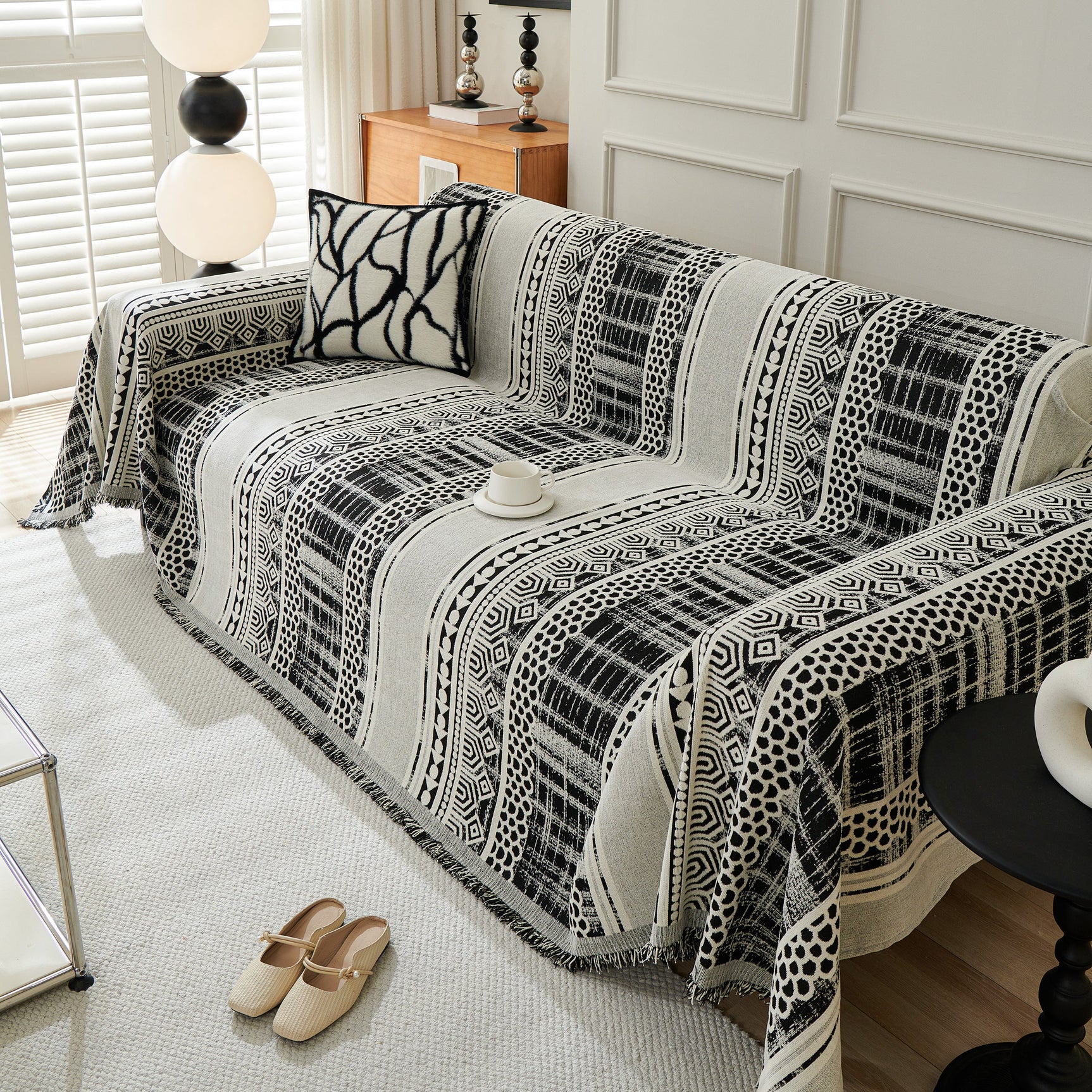 Chenille Sofa Cover Throw Blanket, Boho Geometric Scratch Proof Couch Protector - Ornate Home