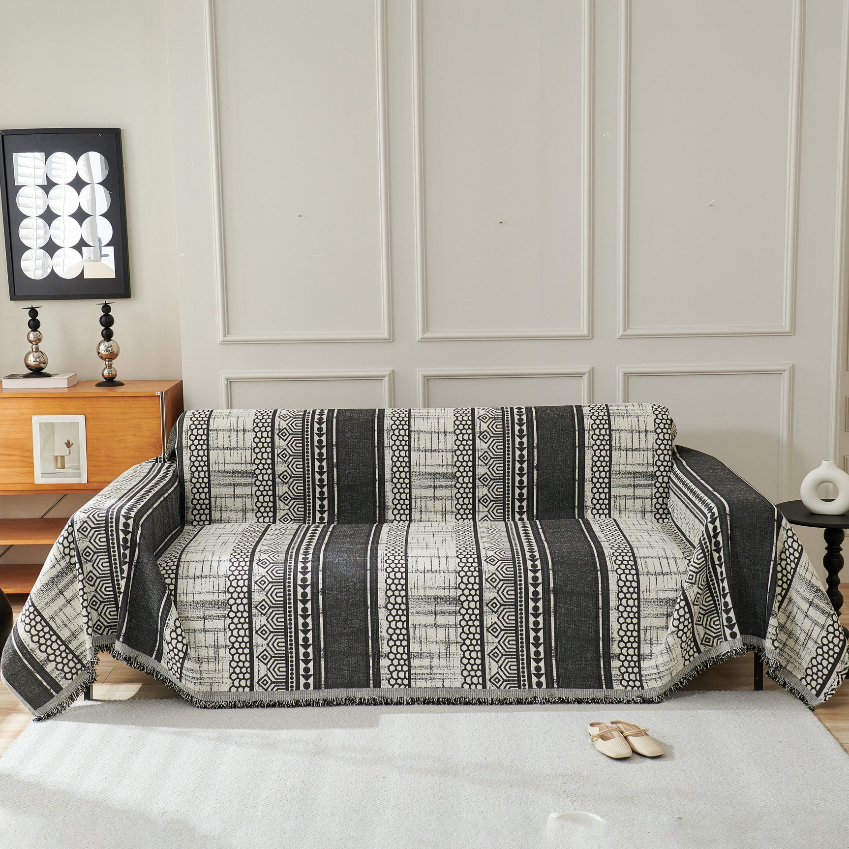 Chenille Sofa Cover Throw Blanket, Boho Geometric Scratch Proof Couch Protector - Ornate Home