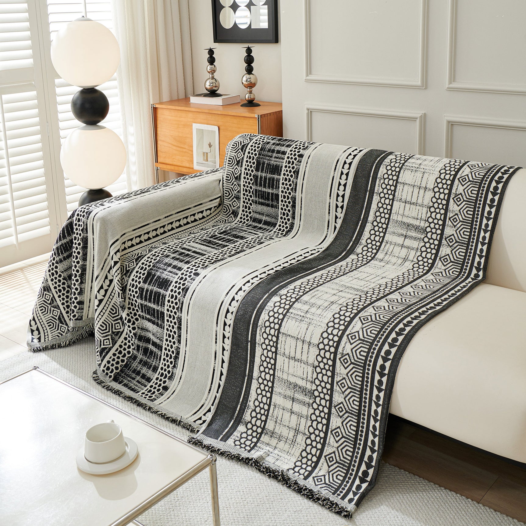 Chenille Sofa Cover Throw Blanket, Boho Geometric Scratch Proof Couch Protector - Ornate Home