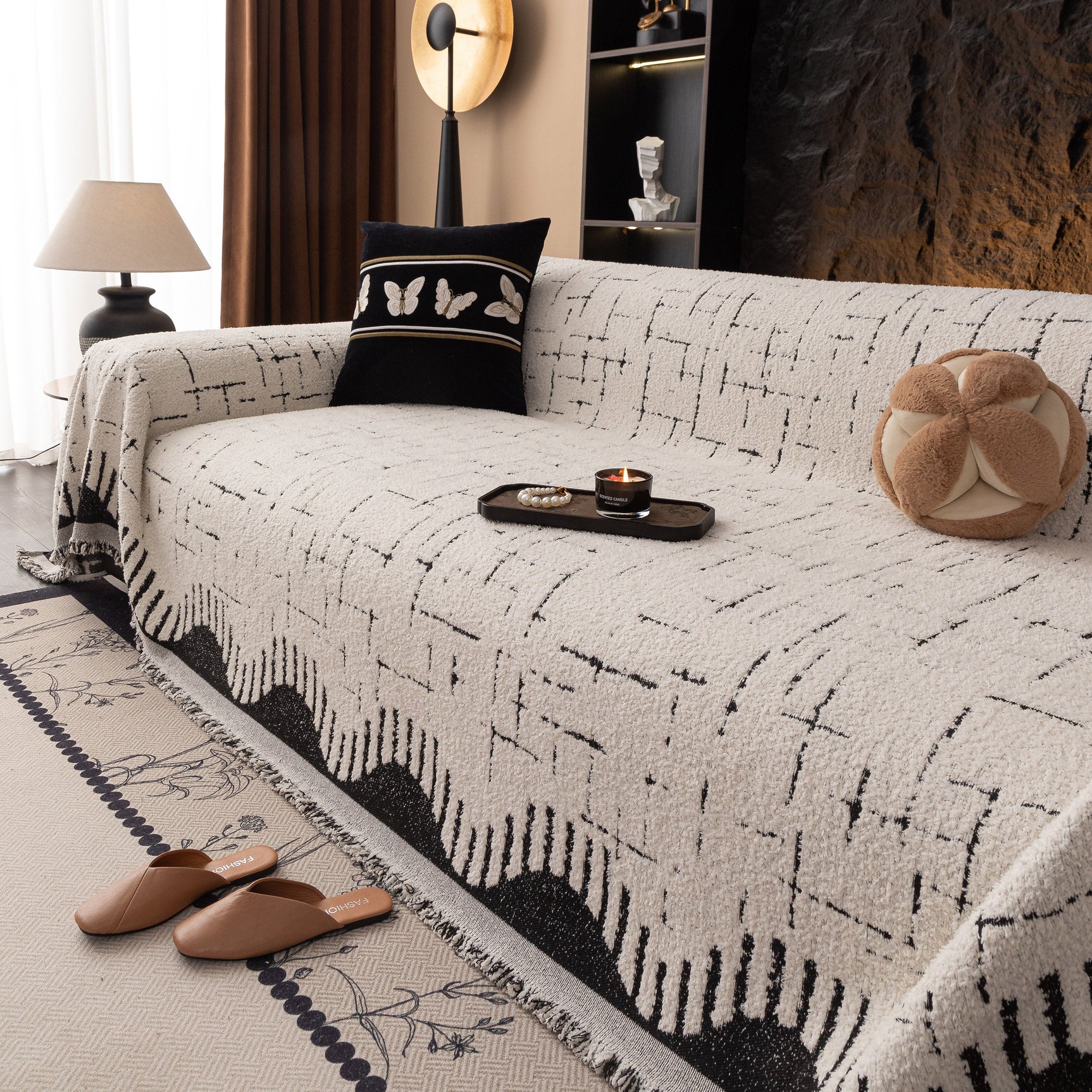 Chenille Sofa Cover Throw Blanket Woven Textured Decorative Furniture Slipcover - Ornate Home