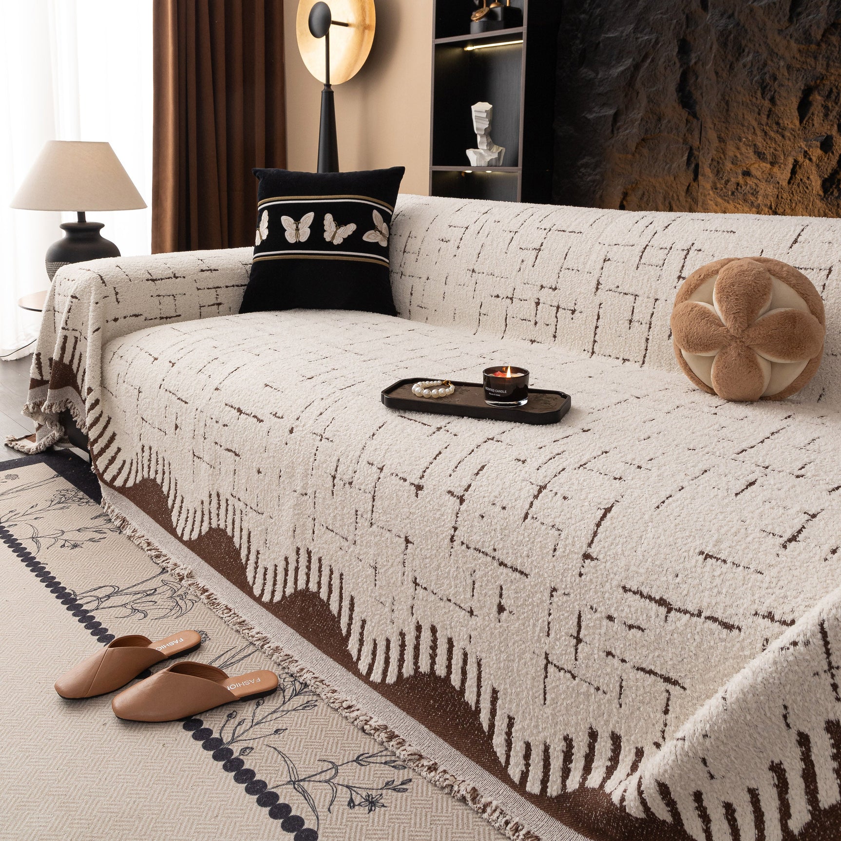 Chenille Sofa Cover Throw Blanket Woven Textured Decorative Furniture Slipcover - Ornate Home