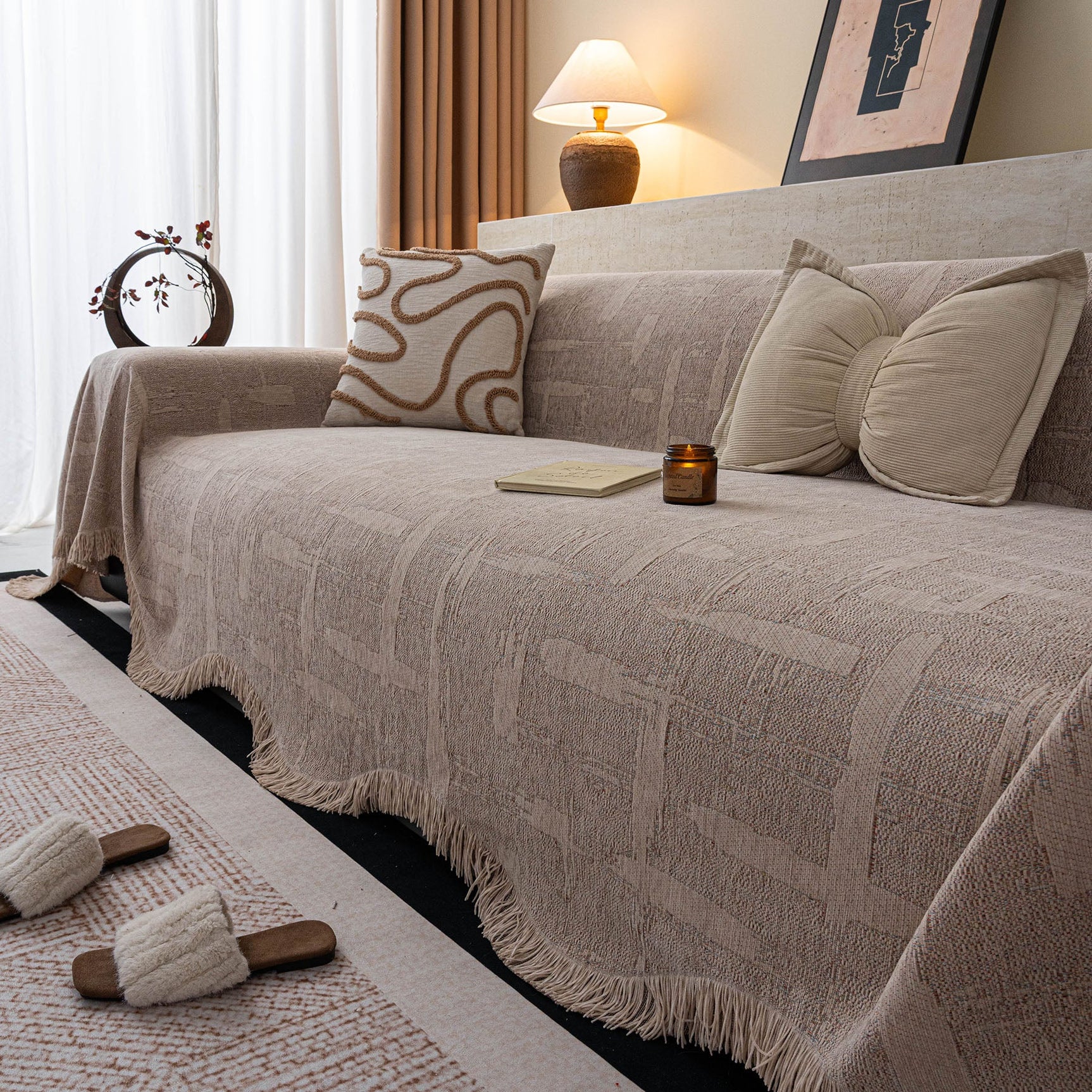 Chenille Sofa Cover Throw Blanket, Woven Textured Minimalist Wabi-Sabi Couch Cover - Ornate Home