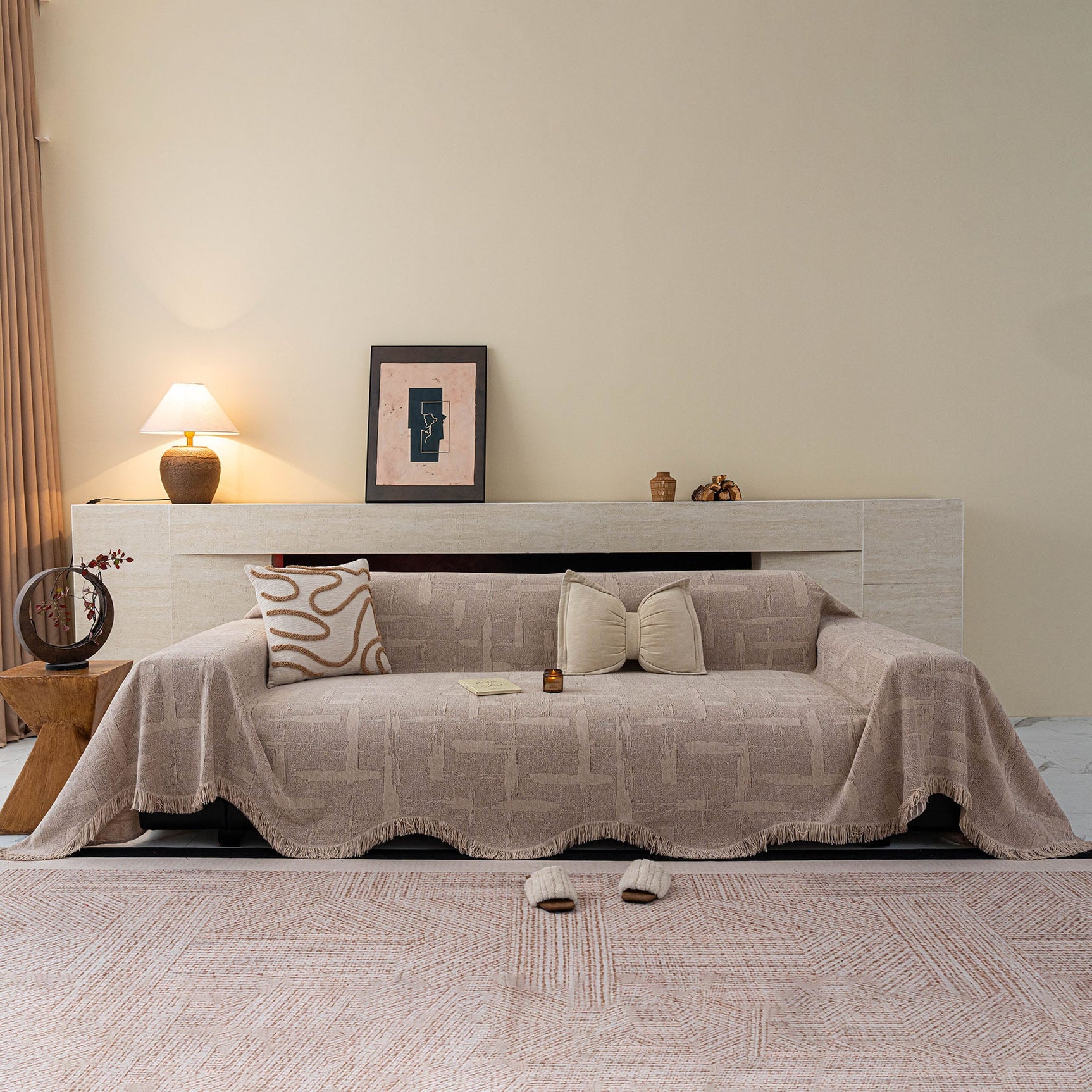 Chenille Sofa Cover Throw Blanket, Woven Textured Minimalist Wabi-Sabi Couch Cover - Ornate Home