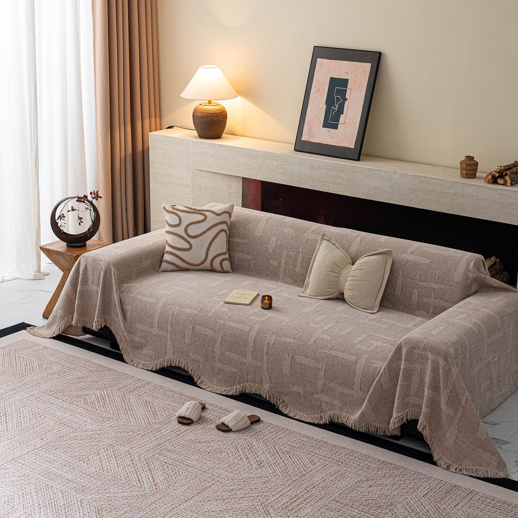 Chenille Sofa Cover Throw Blanket, Woven Textured Minimalist Wabi-Sabi Couch Cover - Ornate Home