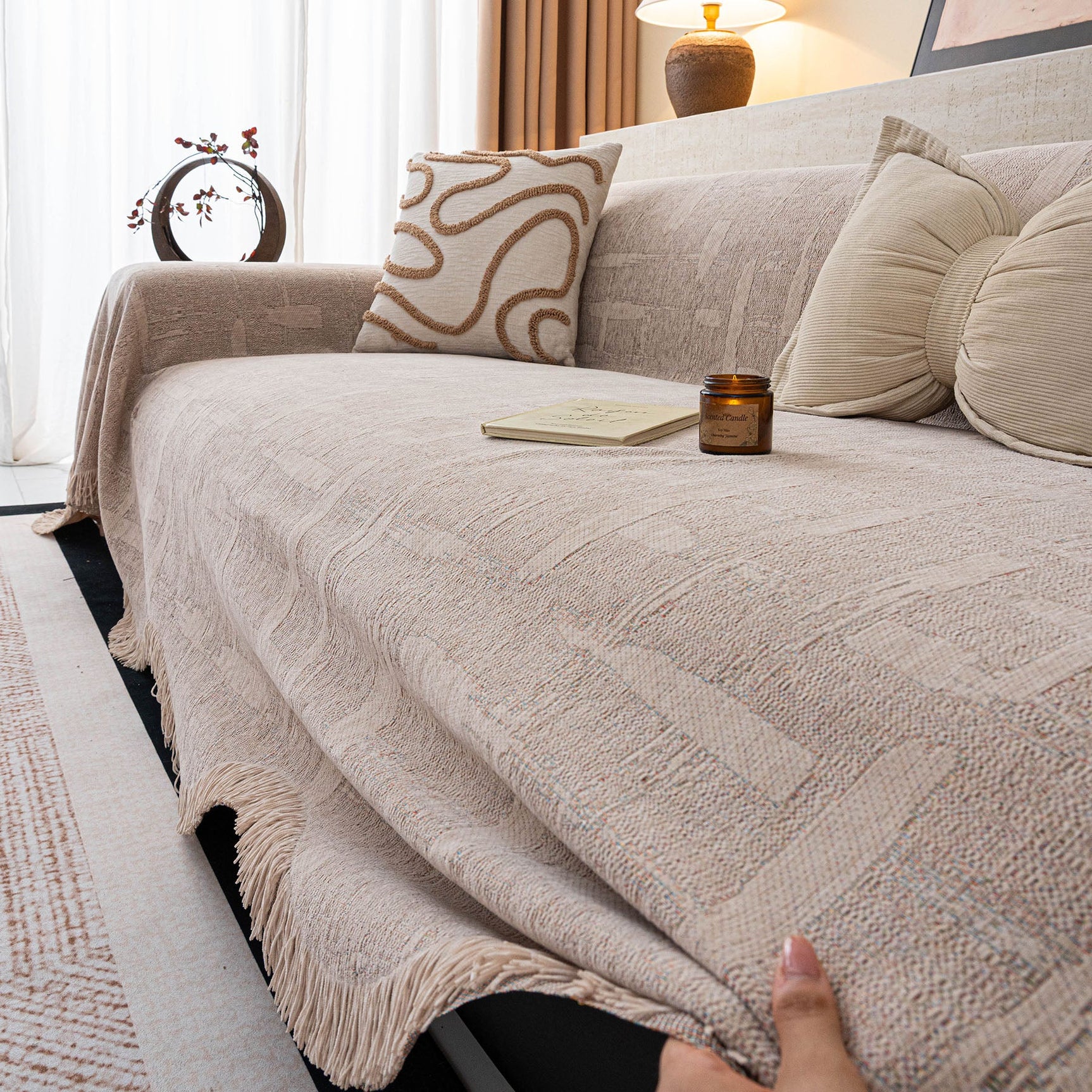 Chenille Sofa Cover Throw Blanket, Woven Textured Minimalist Wabi-Sabi Couch Cover - Ornate Home
