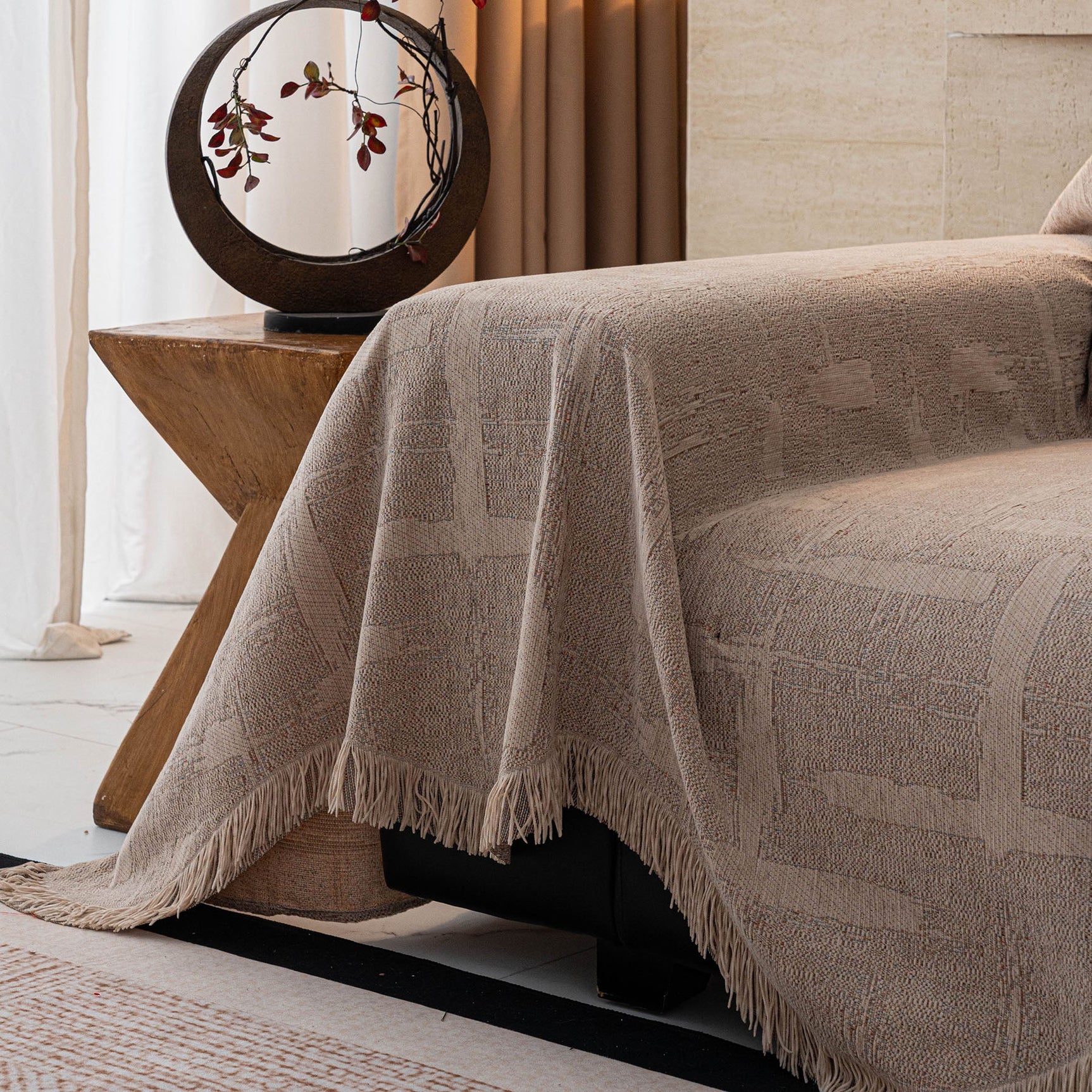 Chenille Sofa Cover Throw Blanket, Woven Textured Minimalist Wabi-Sabi Couch Cover - Ornate Home