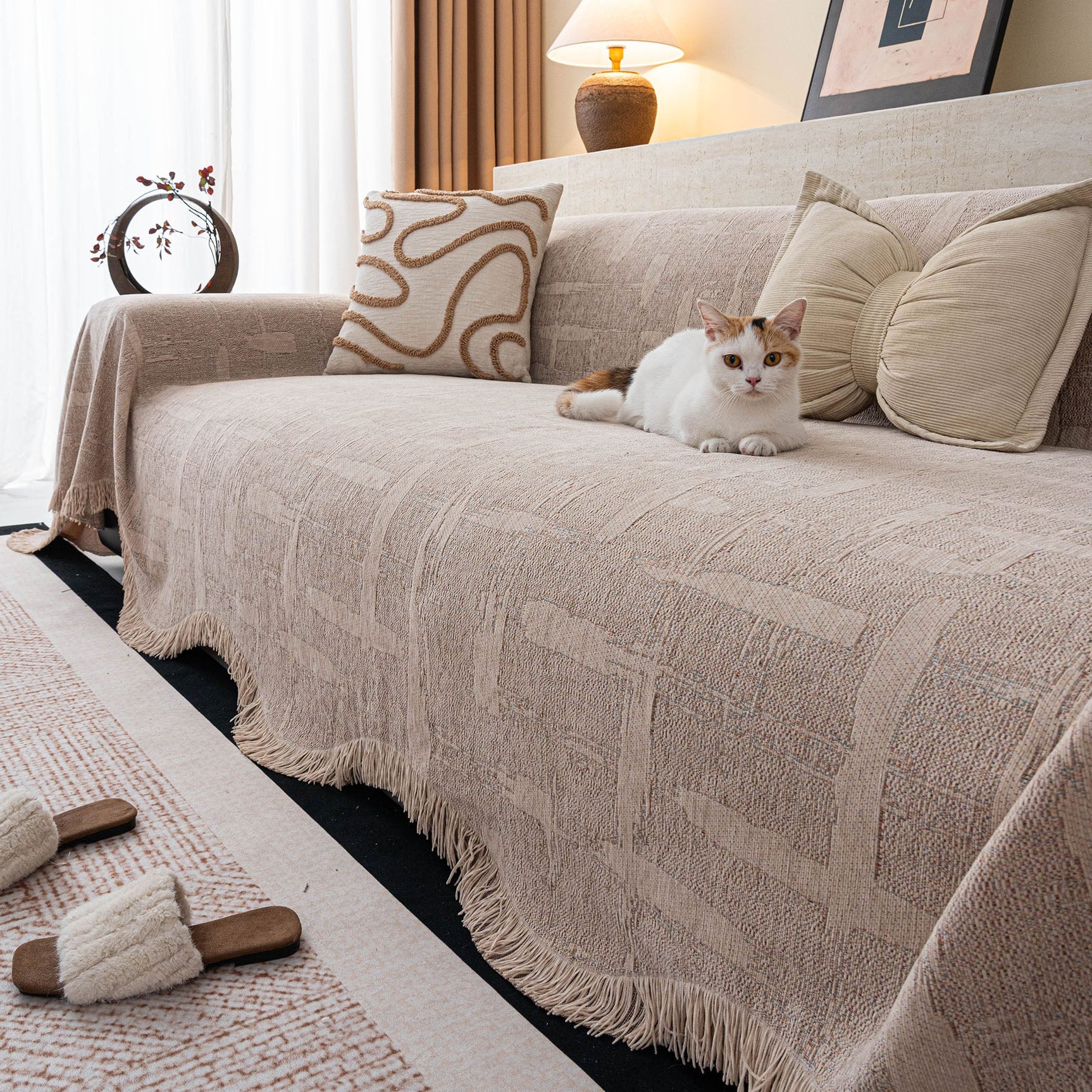 Chenille Sofa Cover Throw Blanket, Woven Textured Minimalist Wabi-Sabi Couch Cover - Ornate Home