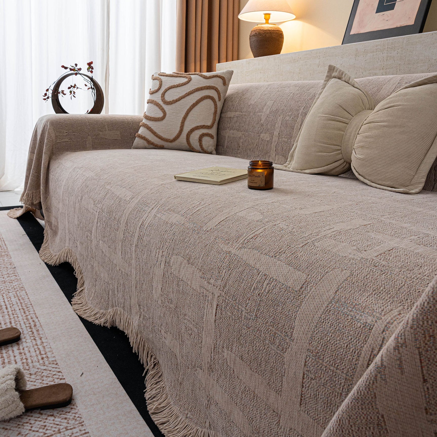 Chenille Sofa Cover Throw Blanket, Woven Textured Minimalist Wabi-Sabi Couch Cover - Ornate Home