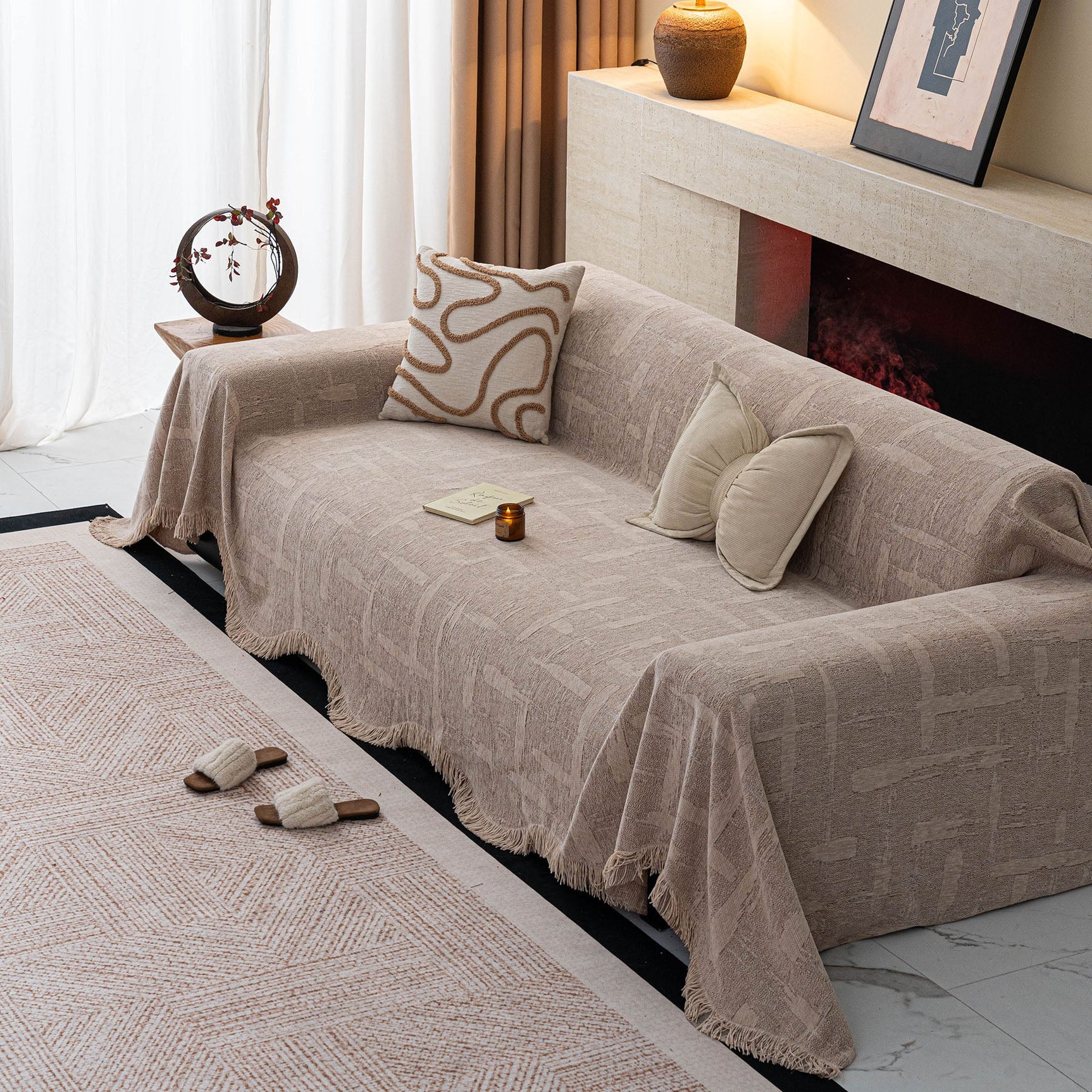 Chenille Sofa Cover Throw Blanket, Woven Textured Minimalist Wabi-Sabi Couch Cover - Ornate Home