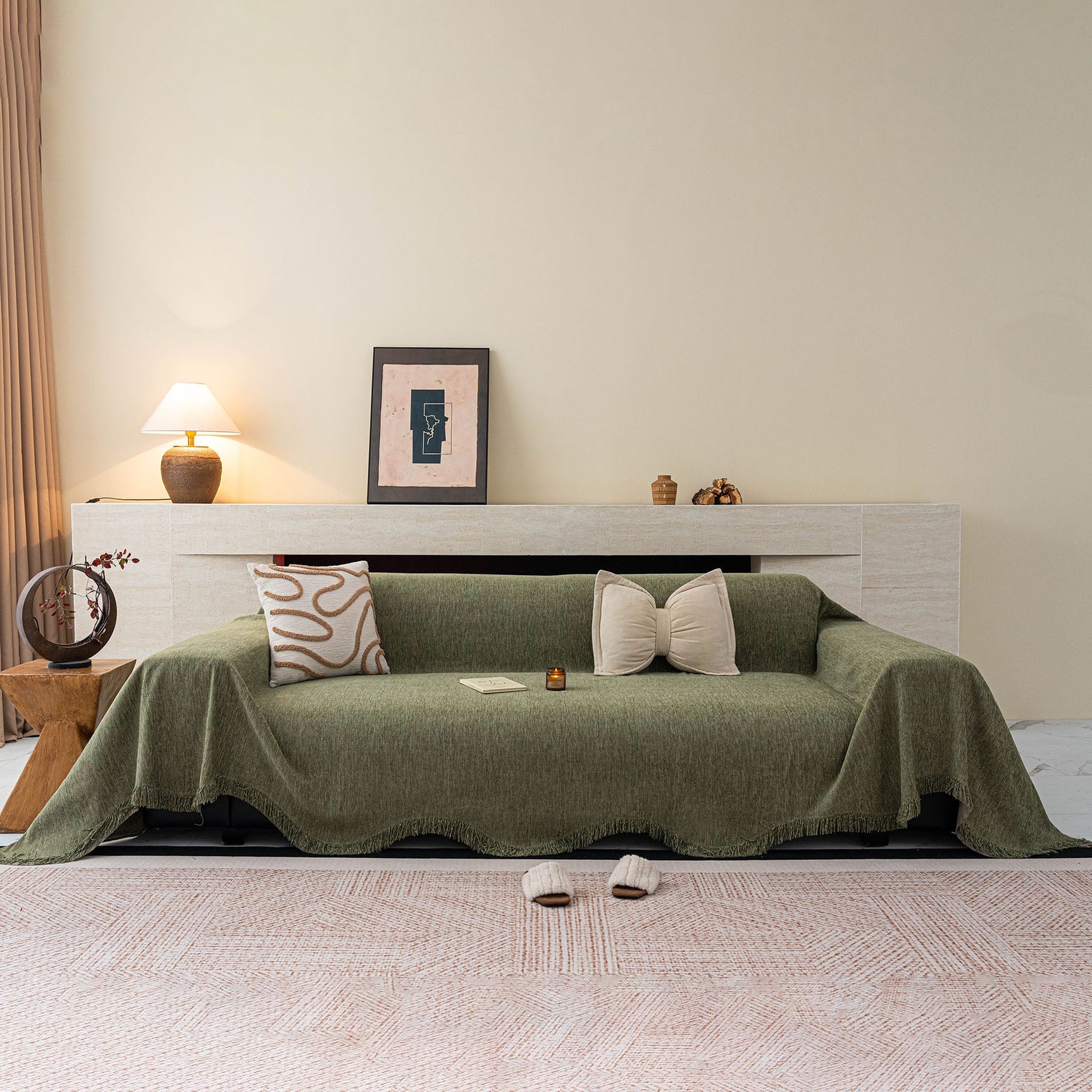 Chenille Sofa Cover Throw Blanket, Woven Textured Minimalist Wabi-Sabi Couch Cover - Ornate Home