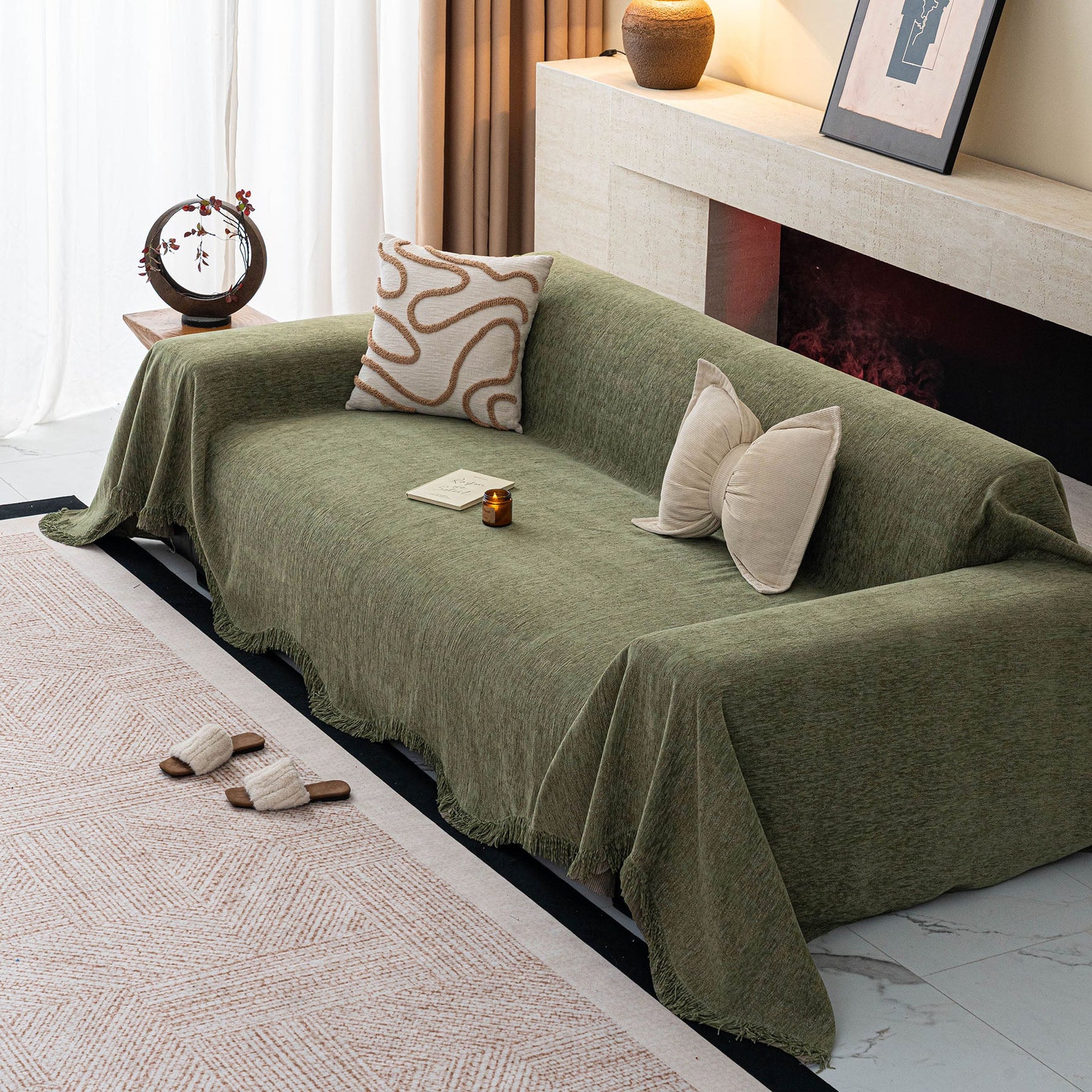 Chenille Sofa Cover Throw Blanket, Woven Textured Minimalist Wabi-Sabi Couch Cover - Ornate Home