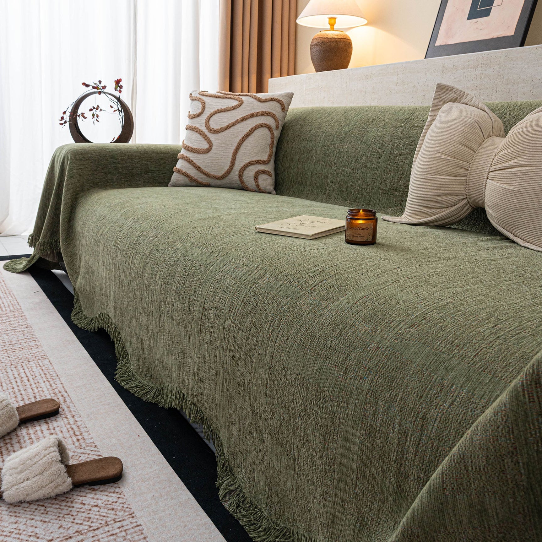 Chenille Sofa Cover Throw Blanket, Woven Textured Minimalist Wabi-Sabi Couch Cover - Ornate Home