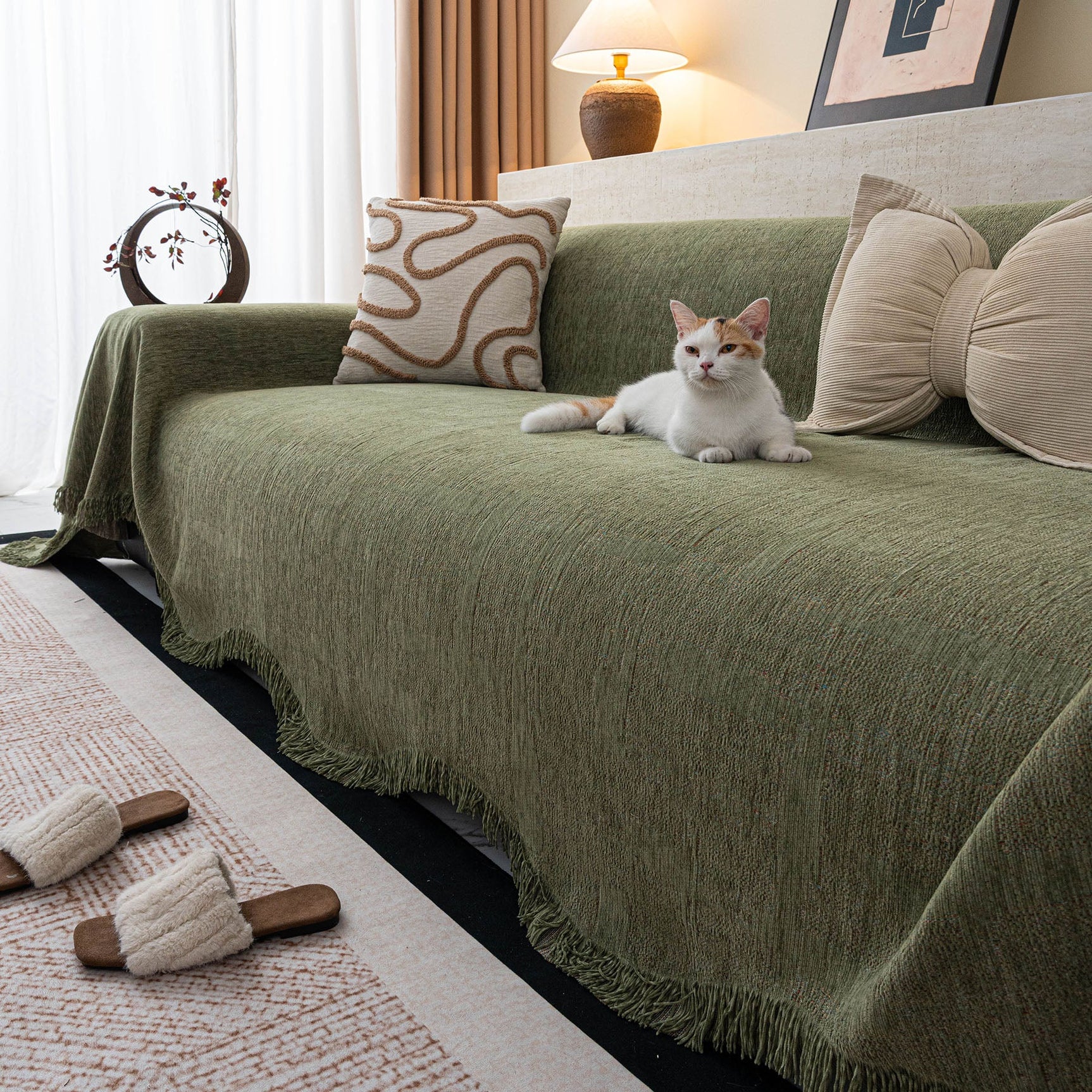 Chenille Sofa Cover Throw Blanket, Woven Textured Minimalist Wabi-Sabi Couch Cover - Ornate Home