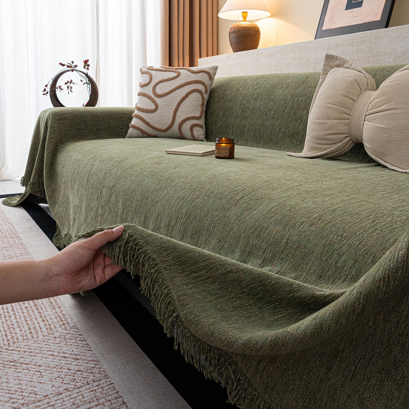 Chenille Sofa Cover Throw Blanket, Woven Textured Minimalist Wabi-Sabi Couch Cover - Ornate Home