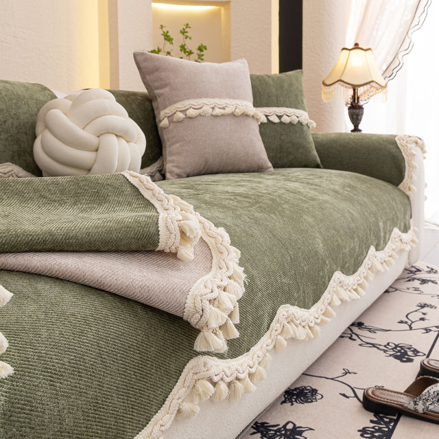Chenille Sofa Cover Towel – Non-Slip, Washable Pets Couch Protector with Tassels - Ornate Home
