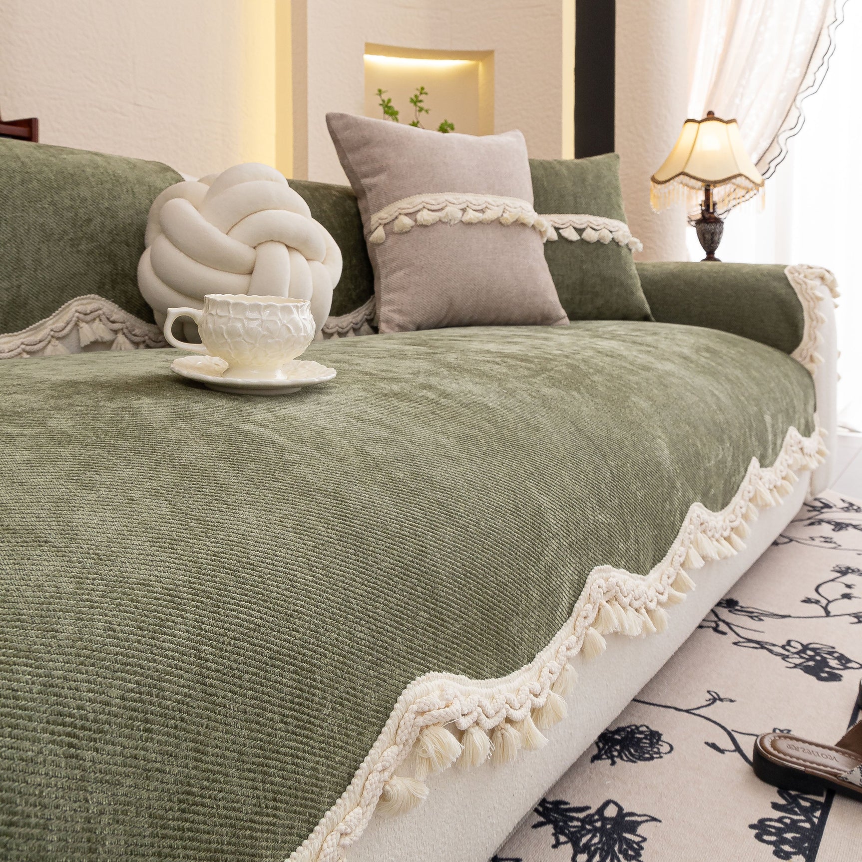 Chenille Sofa Cover Towel – Non-Slip, Washable Pets Couch Protector with Tassels - Ornate Home