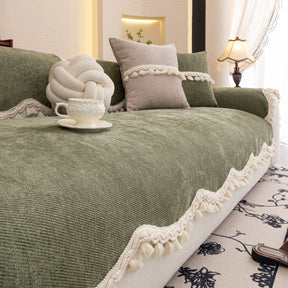Chenille Sofa Cover Towel – Non-Slip, Washable Pets Couch Protector with Tassels - Ornate Home