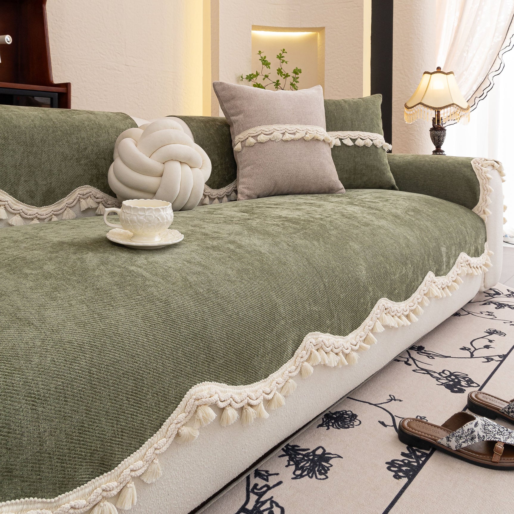 Chenille Sofa Cover Towel – Non-Slip, Washable Pets Couch Protector with Tassels - Ornate Home