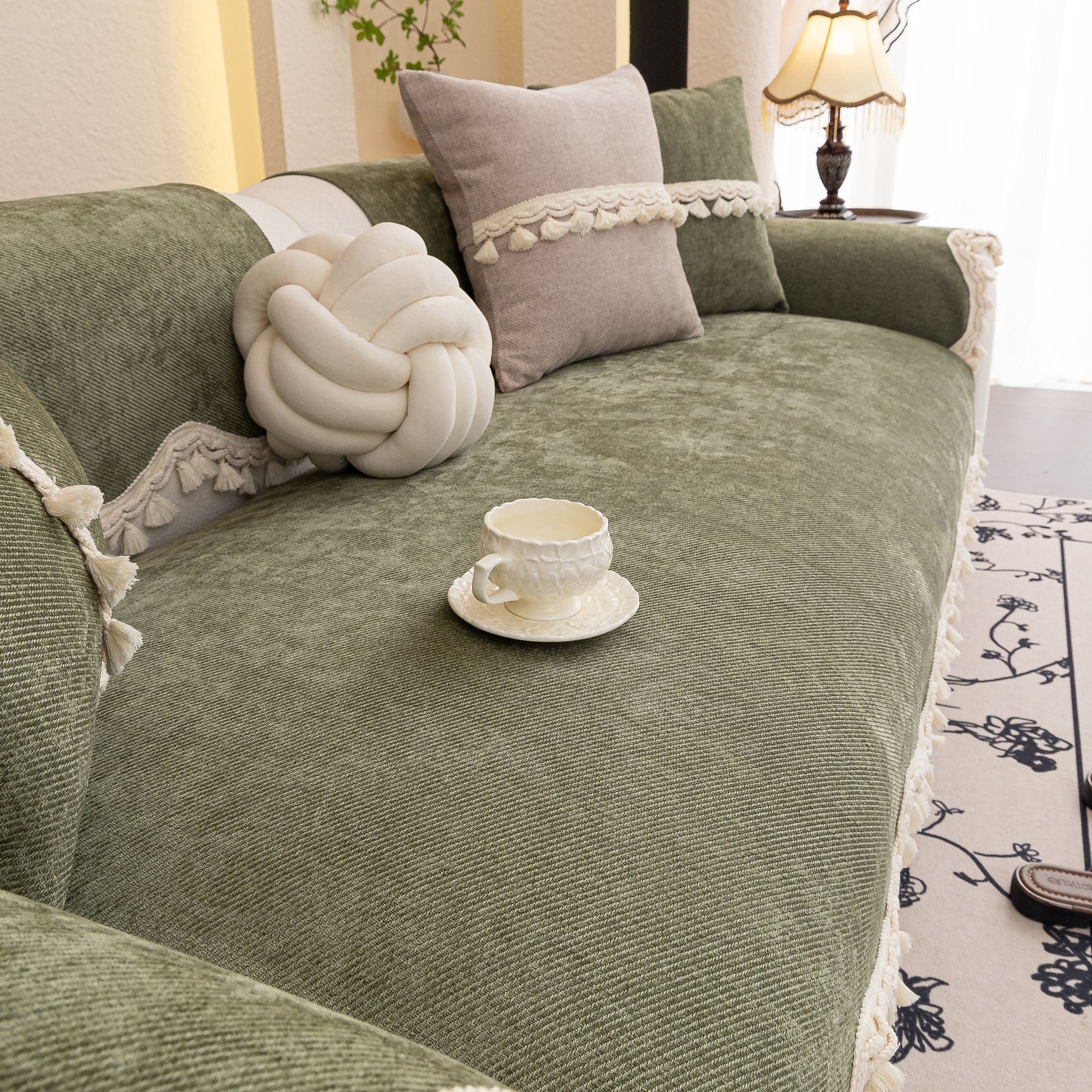 Chenille Sofa Cover Towel – Non-Slip, Washable Pets Couch Protector with Tassels - Ornate Home