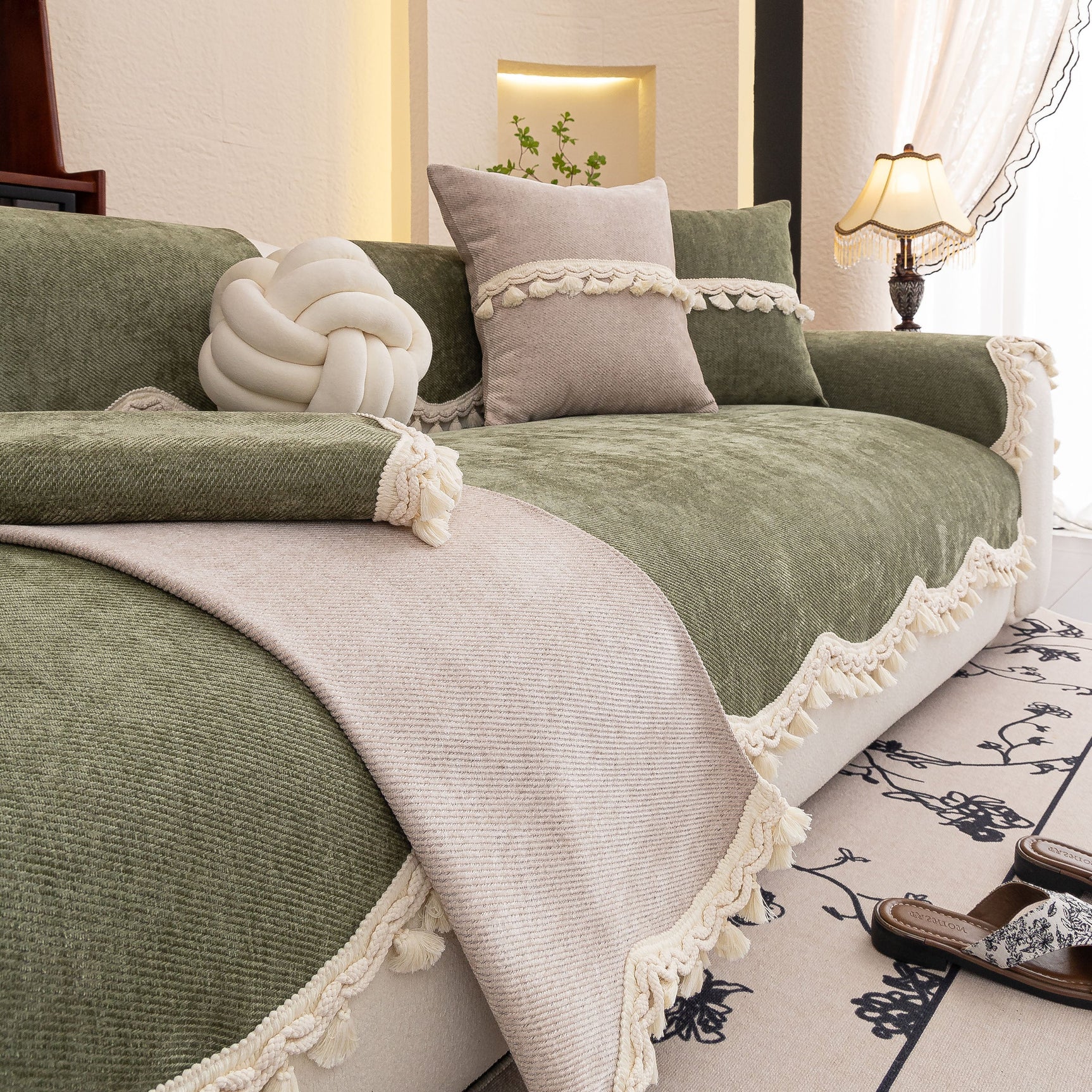 Chenille Sofa Cover Towel – Non-Slip, Washable Pets Couch Protector with Tassels - Ornate Home