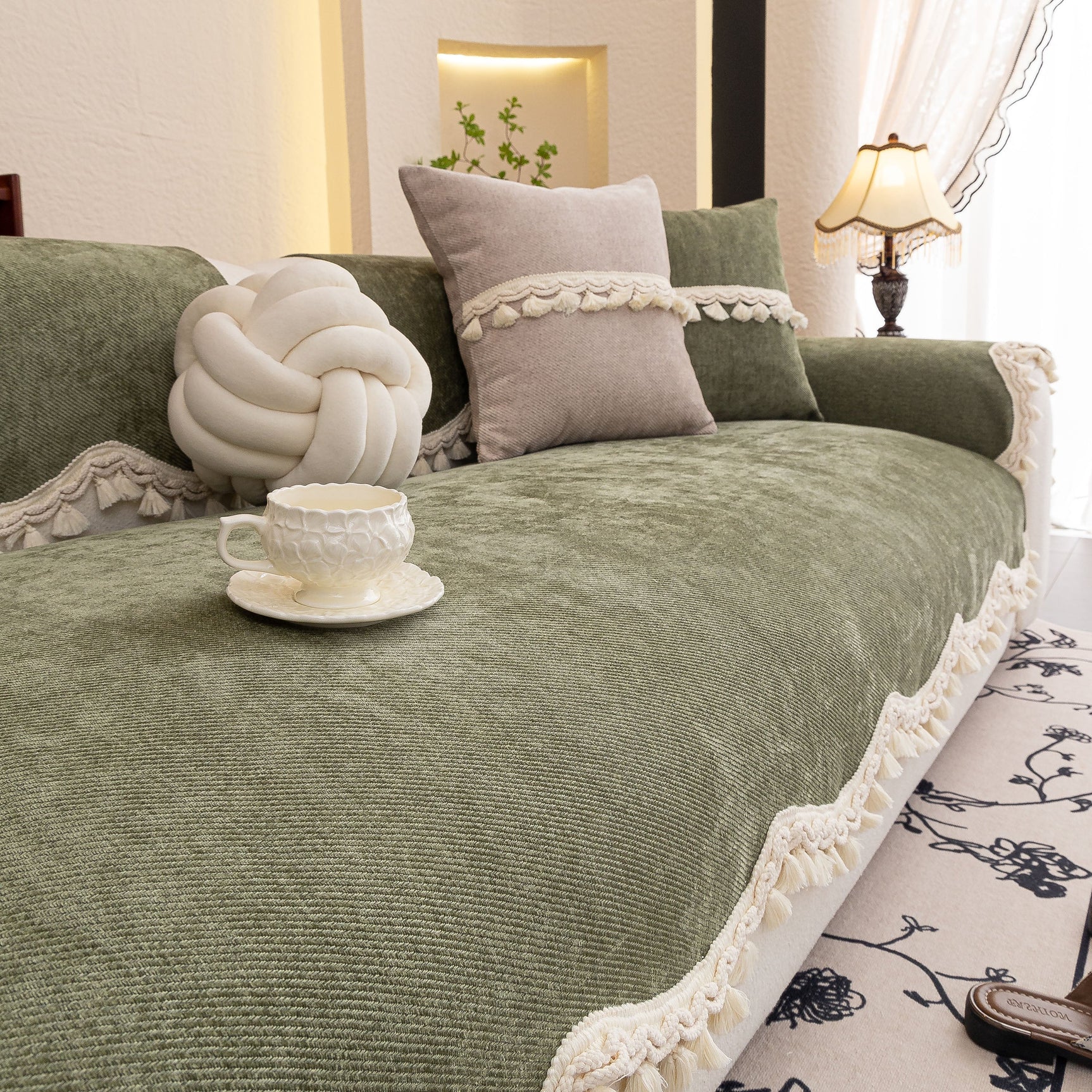 Chenille Sofa Cover Towel – Non-Slip, Washable Pets Couch Protector with Tassels - Ornate Home