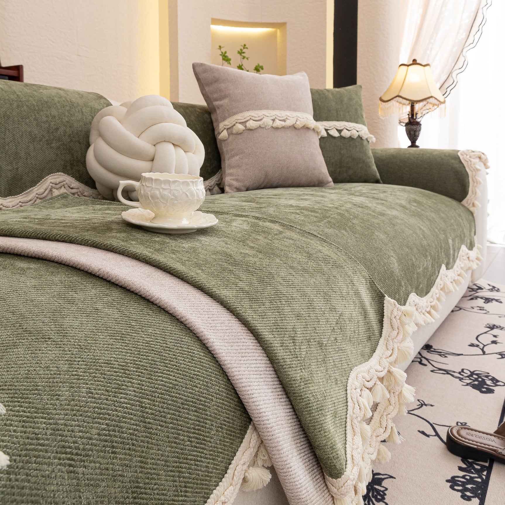 Chenille Sofa Cover Towel – Non-Slip, Washable Pets Couch Protector with Tassels - Ornate Home