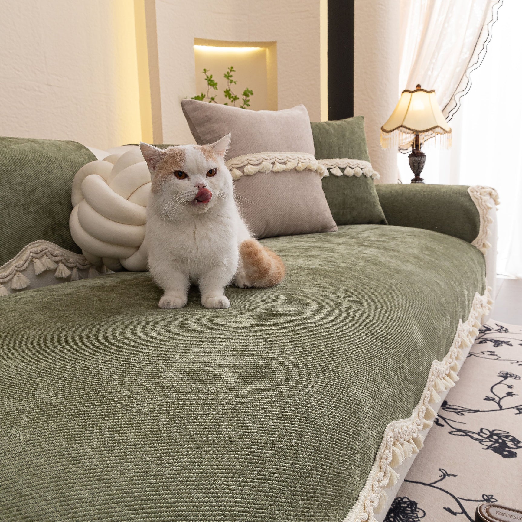 Chenille Sofa Cover Towel – Non-Slip, Washable Pets Couch Protector with Tassels - Ornate Home