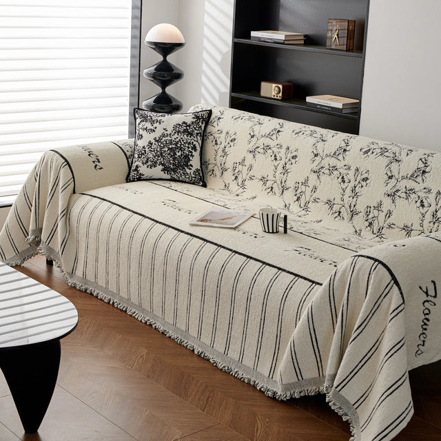 Chenille Striped Floral Couch Cover Sofa Slipcover for Most Shape Sofas, Reversible Sofa Throw Cover - Ornate Home