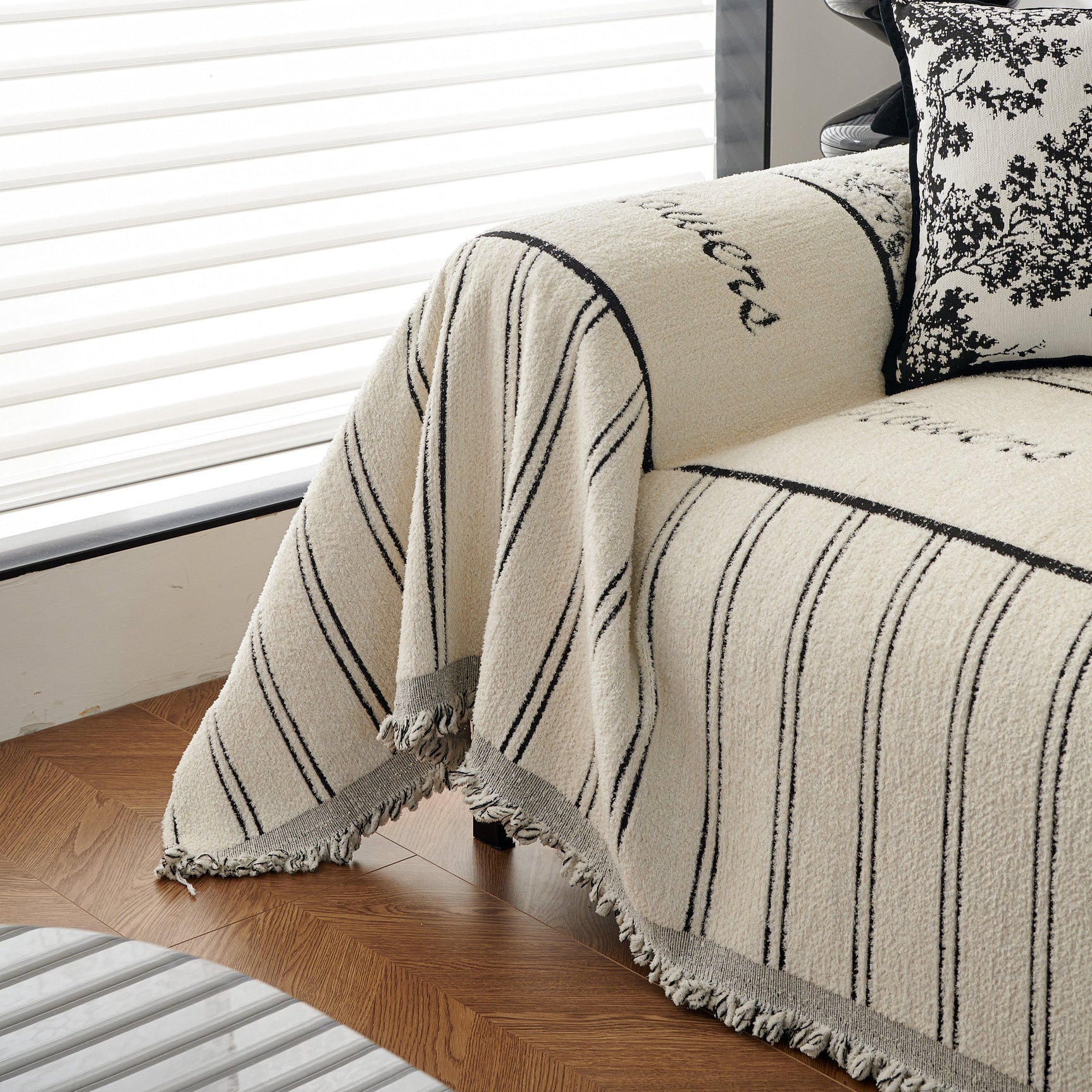 Chenille Striped Floral Couch Cover Sofa Slipcover for Most Shape Sofas, Reversible Sofa Throw Cover - Ornate Home