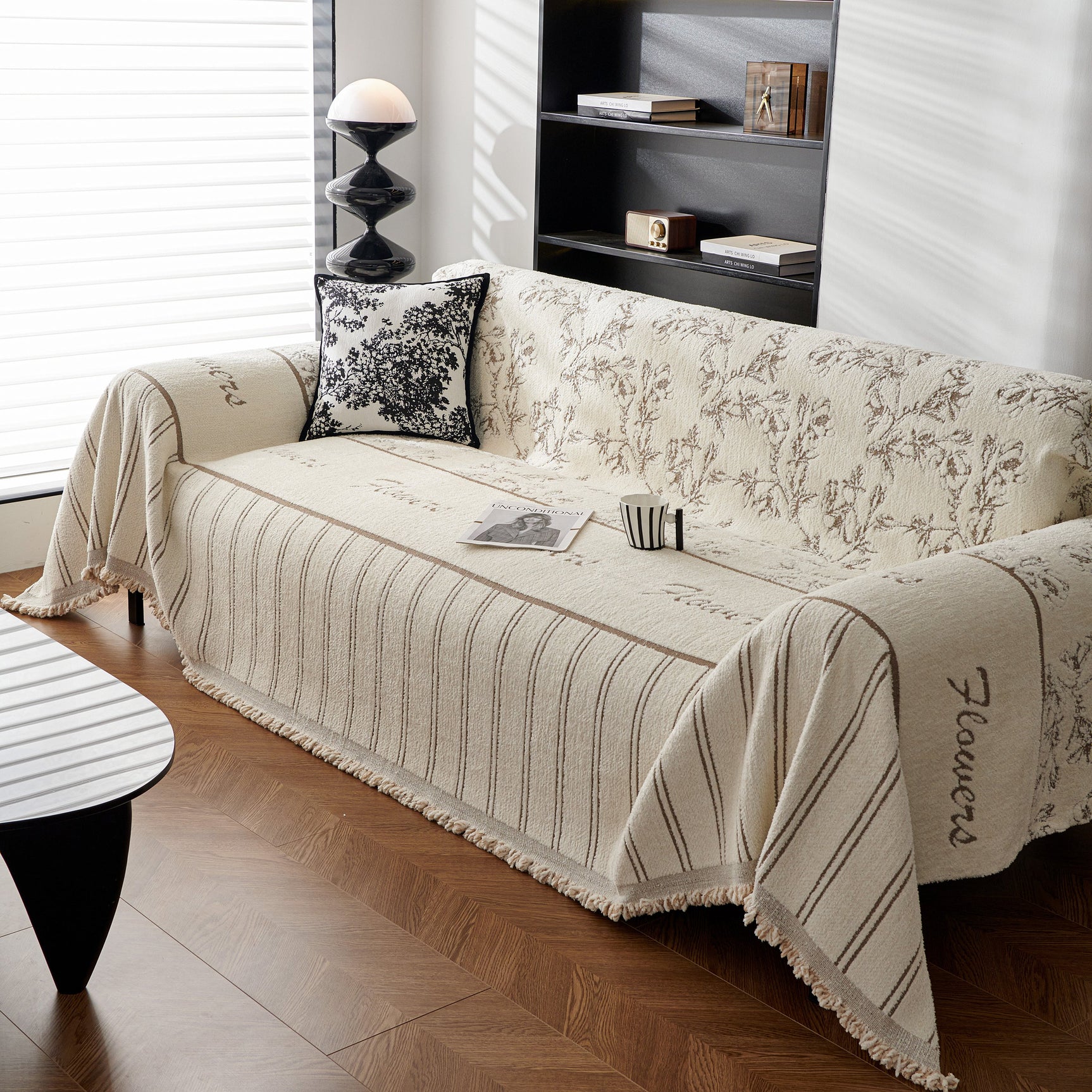 Chenille Striped Floral Couch Cover Sofa Slipcover for Most Shape Sofas, Reversible Sofa Throw Cover - Ornate Home