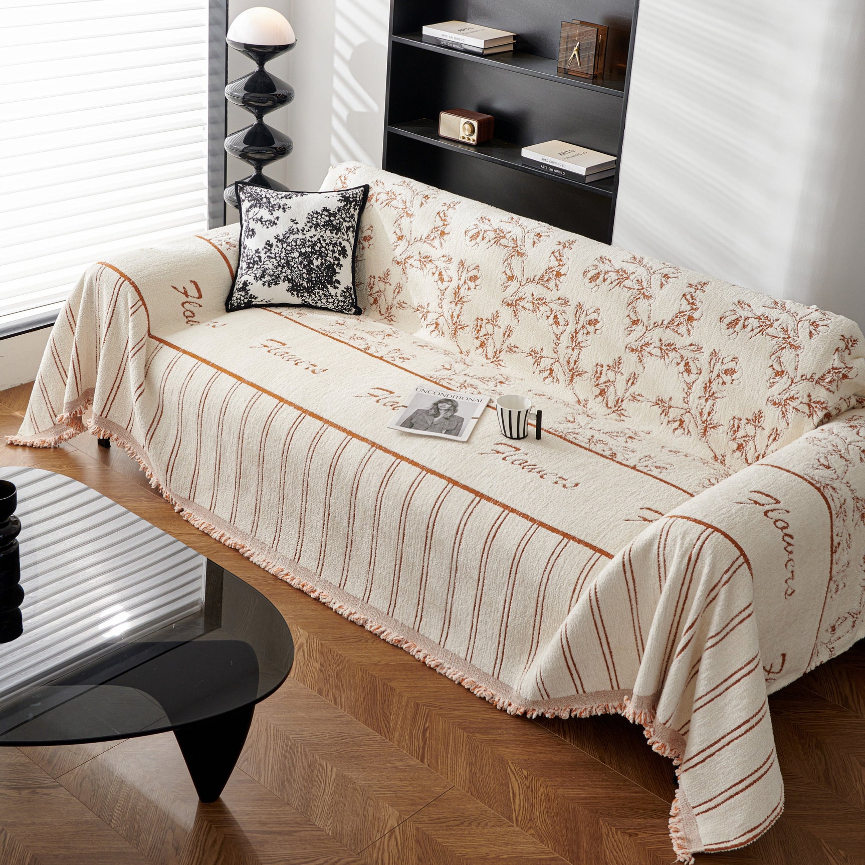 Chenille Striped Floral Couch Cover Sofa Slipcover for Most Shape Sofas, Reversible Sofa Throw Cover - Ornate Home