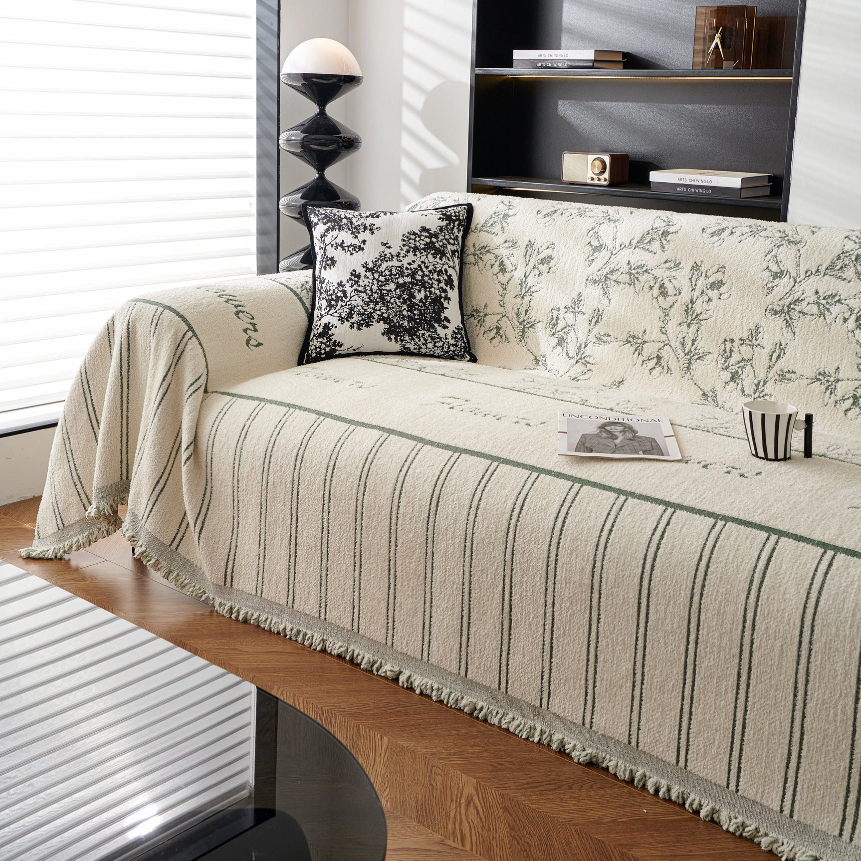 Chenille Striped Floral Couch Cover Sofa Slipcover for Most Shape Sofas, Reversible Sofa Throw Cover - Ornate Home