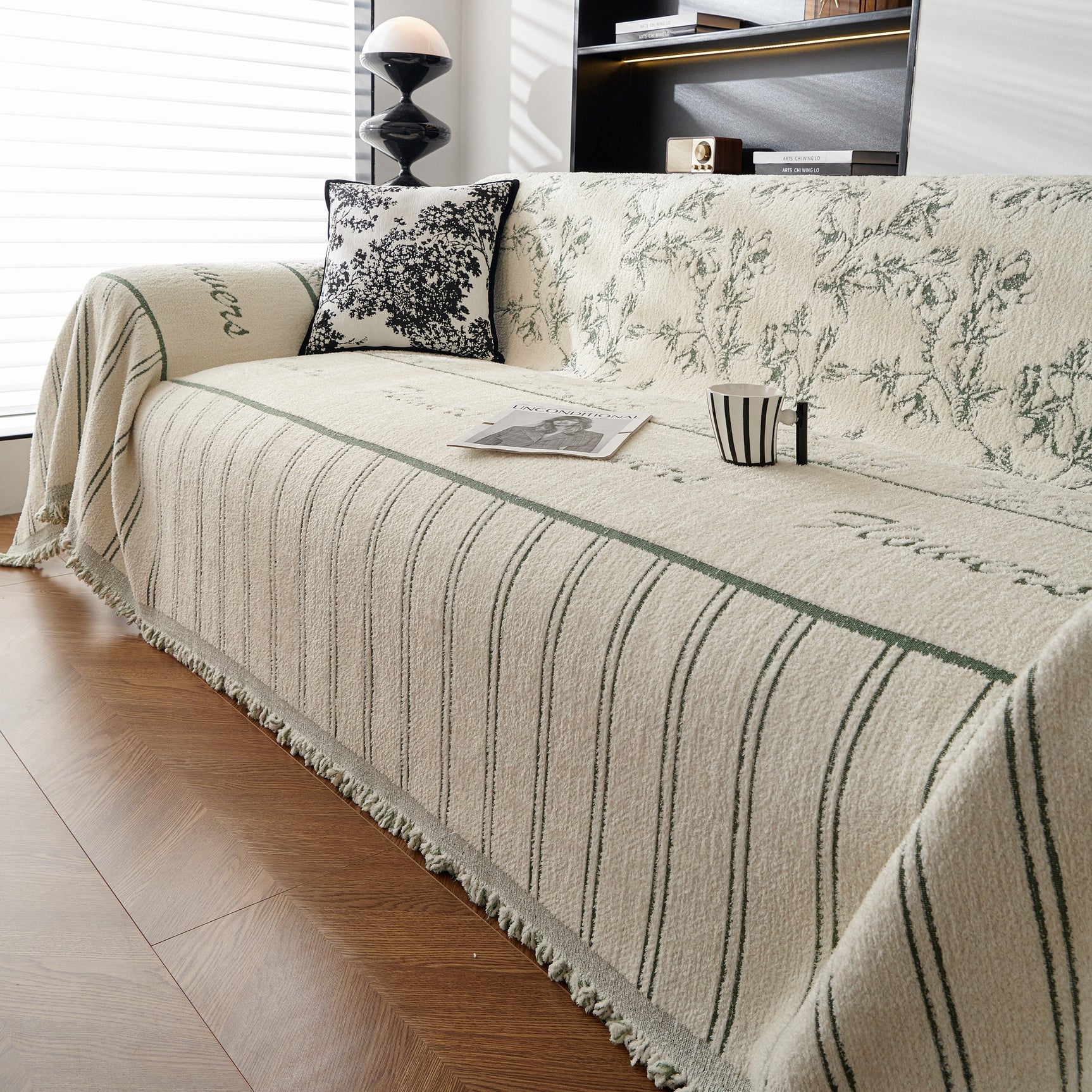 Chenille Striped Floral Couch Cover Sofa Slipcover for Most Shape Sofas, Reversible Sofa Throw Cover - Ornate Home