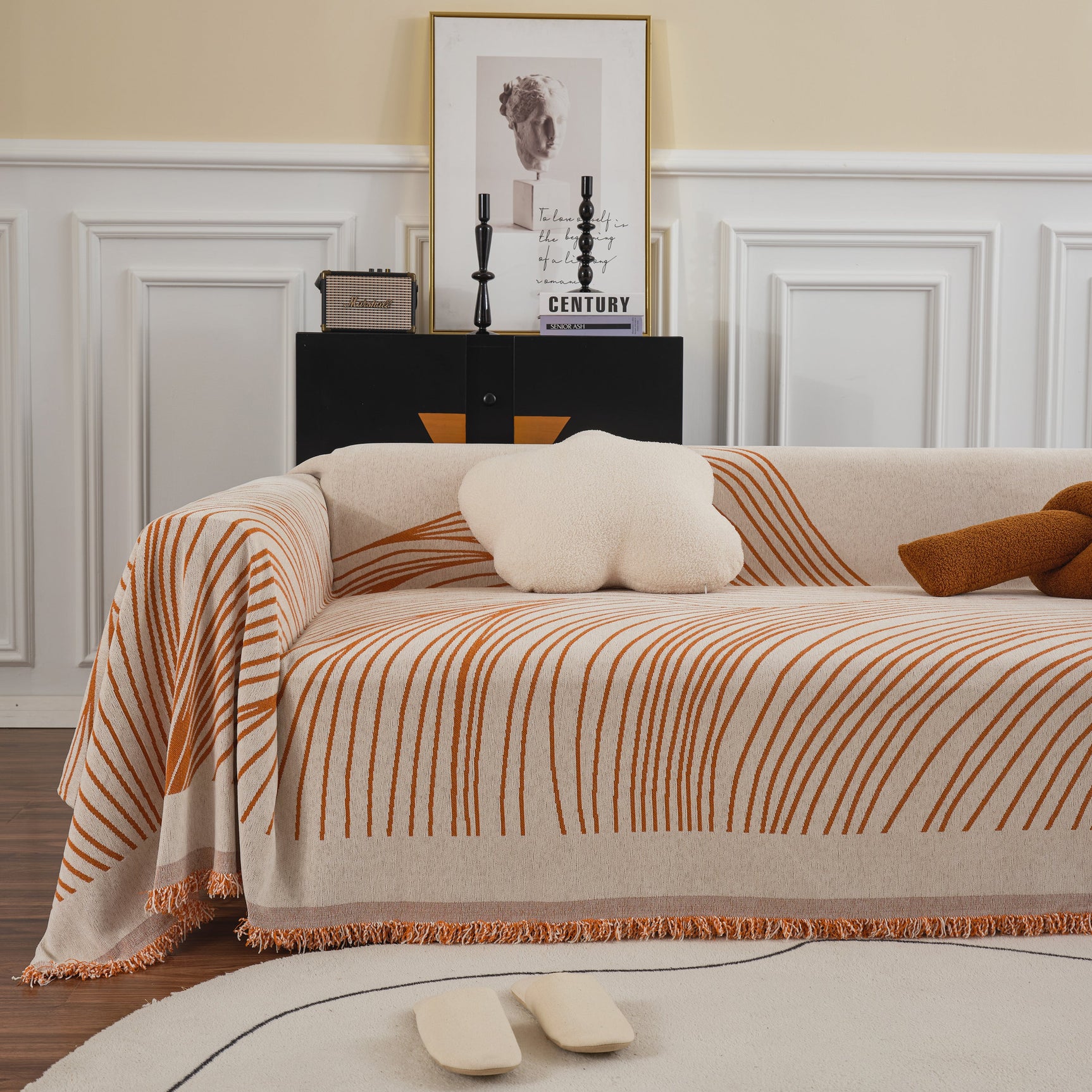 Chenille Striped Sofa Throw Blanket, Furniture Throw Covers Living Room Couch Cover - Ornate Home