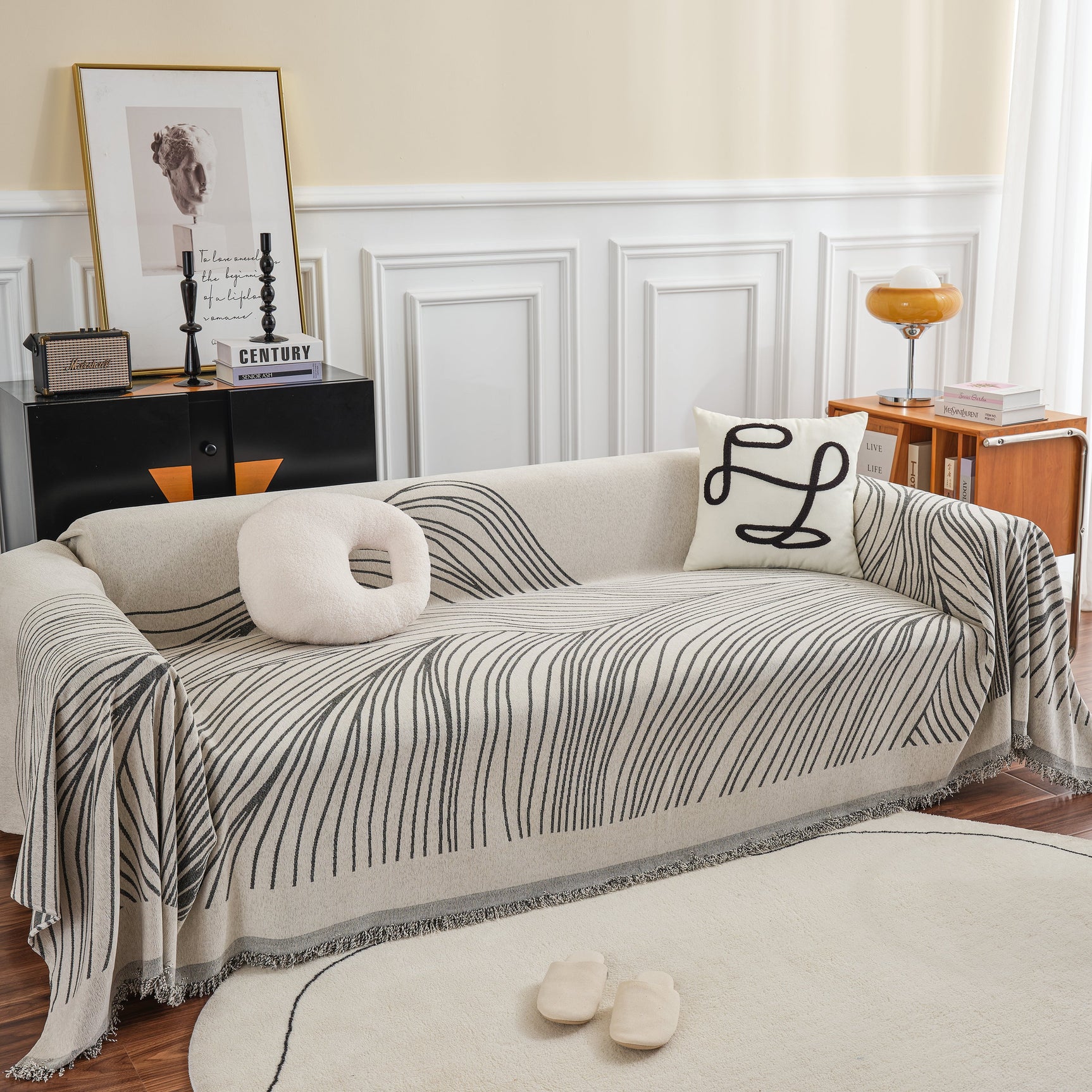 Chenille Striped Sofa Throw Blanket, Furniture Throw Covers Living Room Couch Cover - Ornate Home