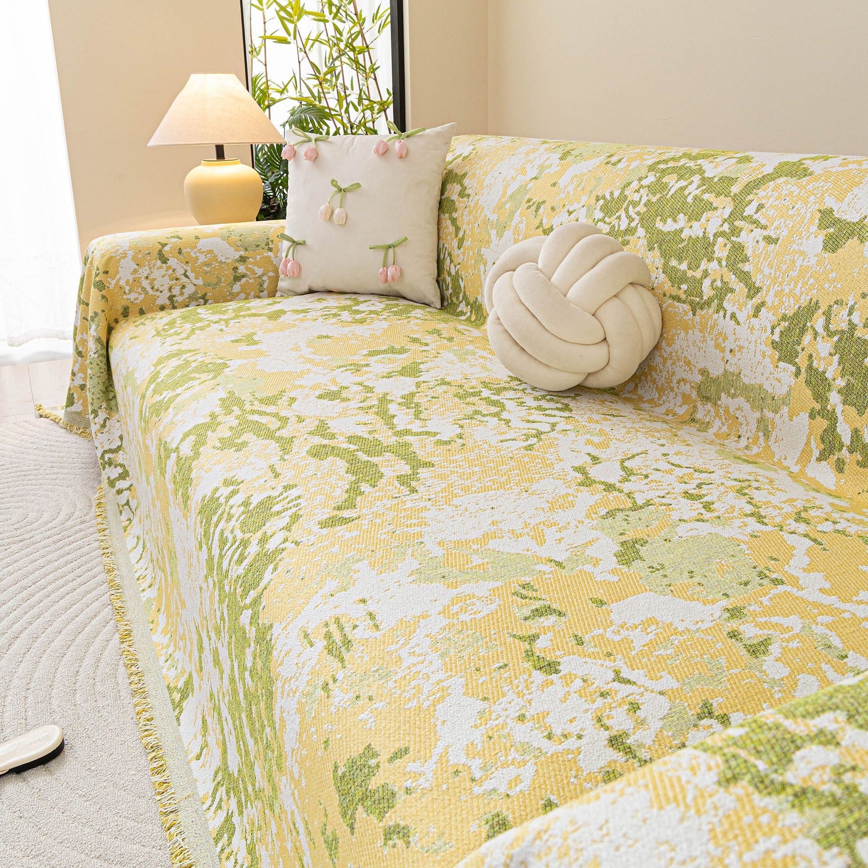 Chenille Throw Blanket Sofa Cover, Abstract Watercolor Couch Cover with Tassel Fringe - Ornate Home
