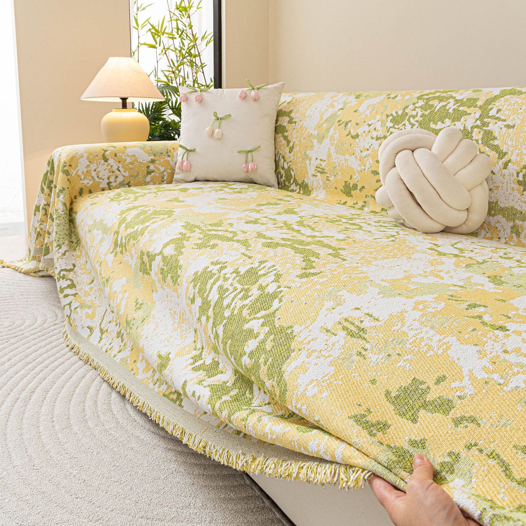 Chenille Throw Blanket Sofa Cover, Abstract Watercolor Couch Cover with Tassel Fringe - Ornate Home
