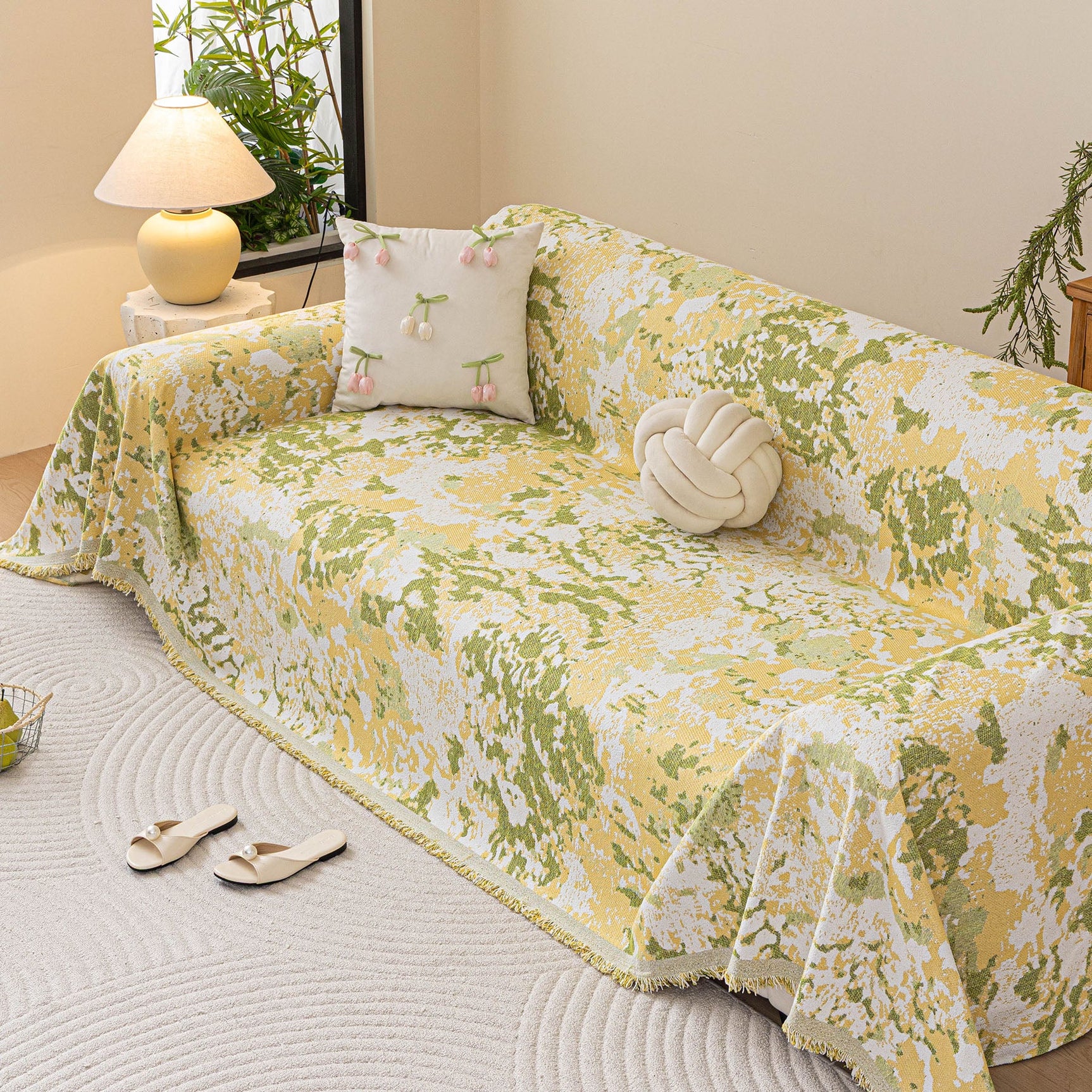 Chenille Throw Blanket Sofa Cover, Abstract Watercolor Couch Cover with Tassel Fringe - Ornate Home