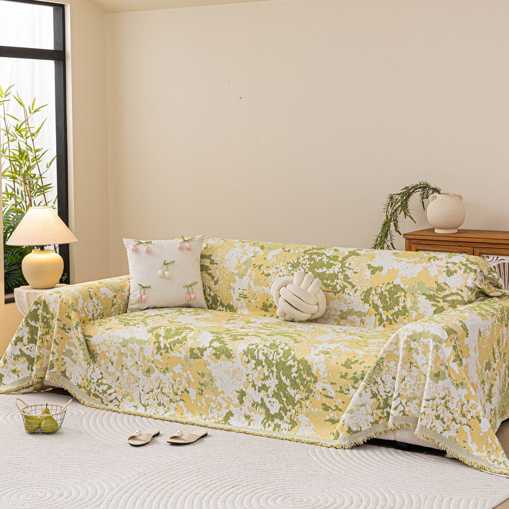Chenille Throw Blanket Sofa Cover, Abstract Watercolor Couch Cover with Tassel Fringe - Ornate Home