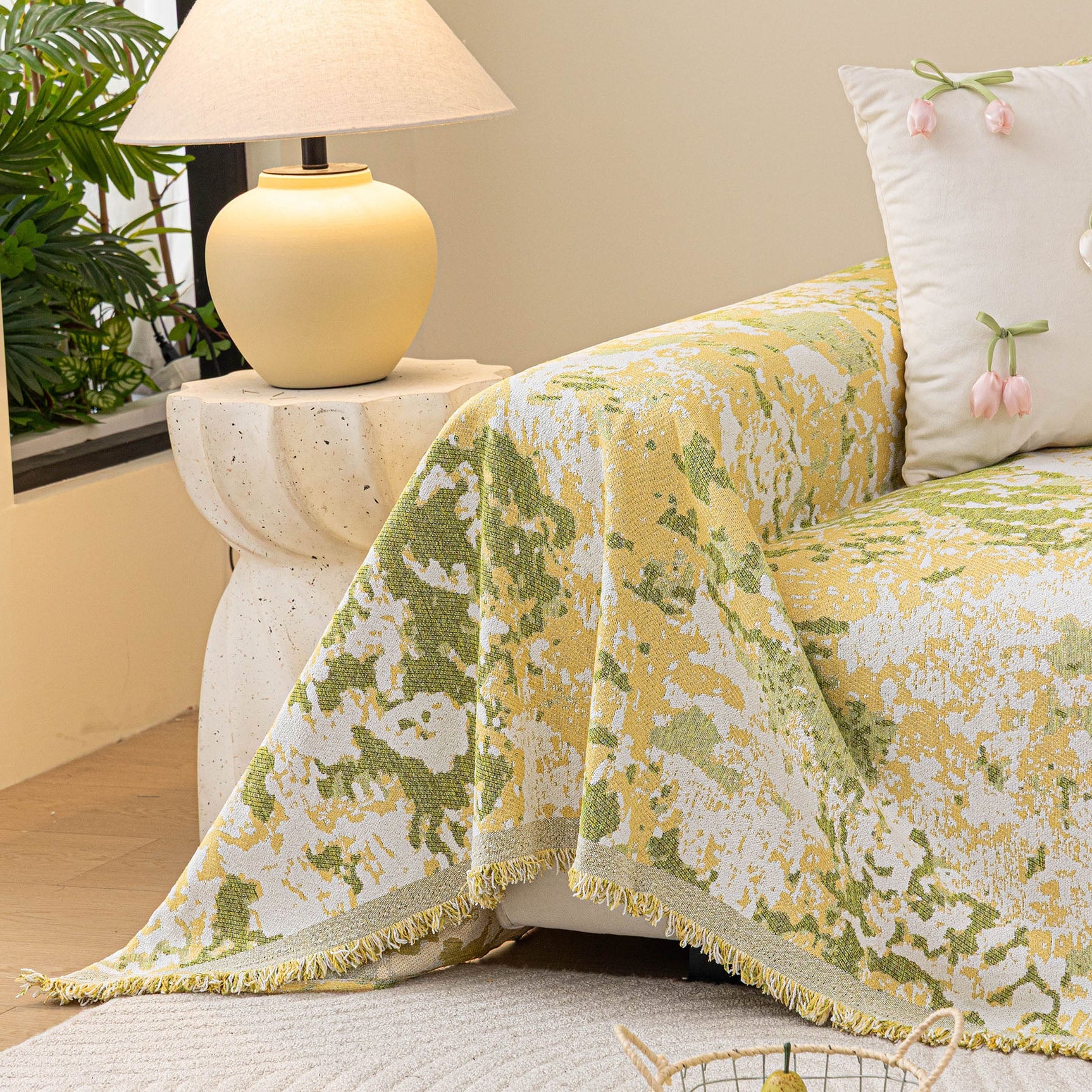 Chenille Throw Blanket Sofa Cover, Abstract Watercolor Couch Cover with Tassel Fringe - Ornate Home