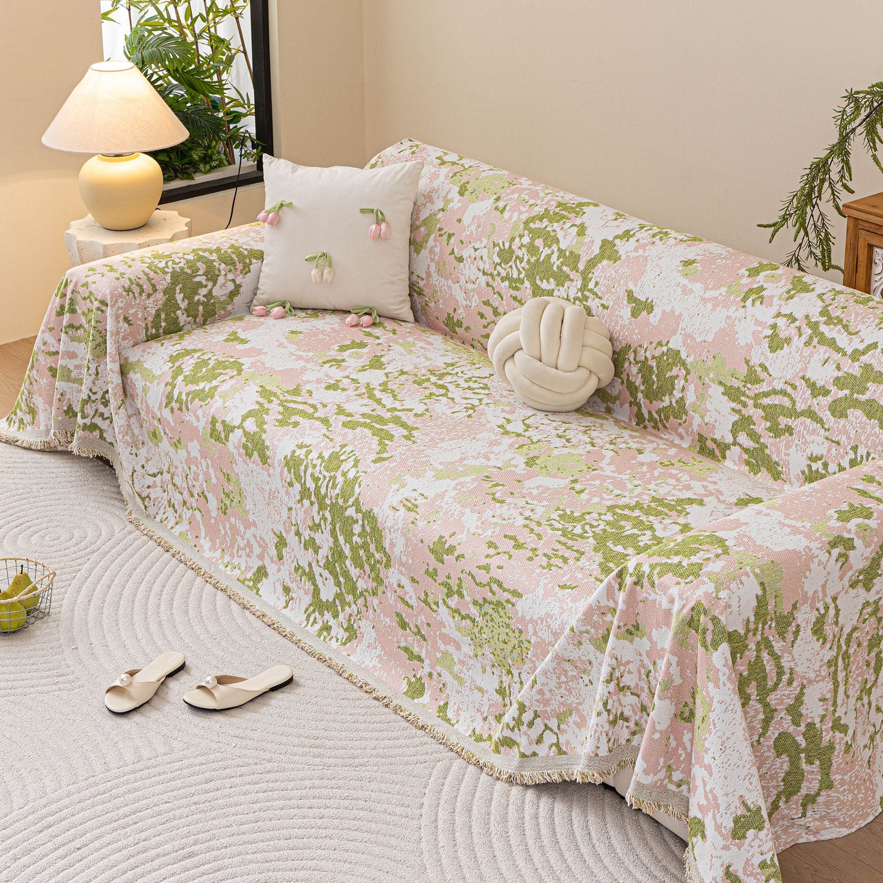 Chenille Throw Blanket Sofa Cover, Abstract Watercolor Couch Cover with Tassel Fringe - Ornate Home