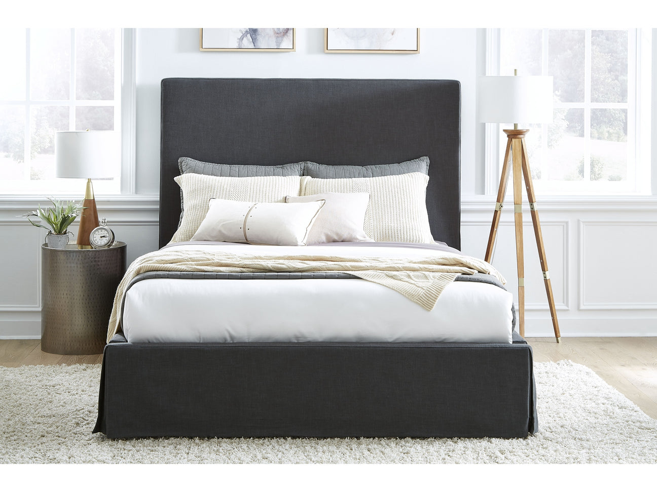 Cheviot Eastern King Upholstered Skirted Storage Panel Bed in Iron - Ornate Home