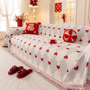 Chinese New Year Sofa Throw Cover Blanket, Decor Festive Red Fu Pattern Couch Cover - Ornate Home