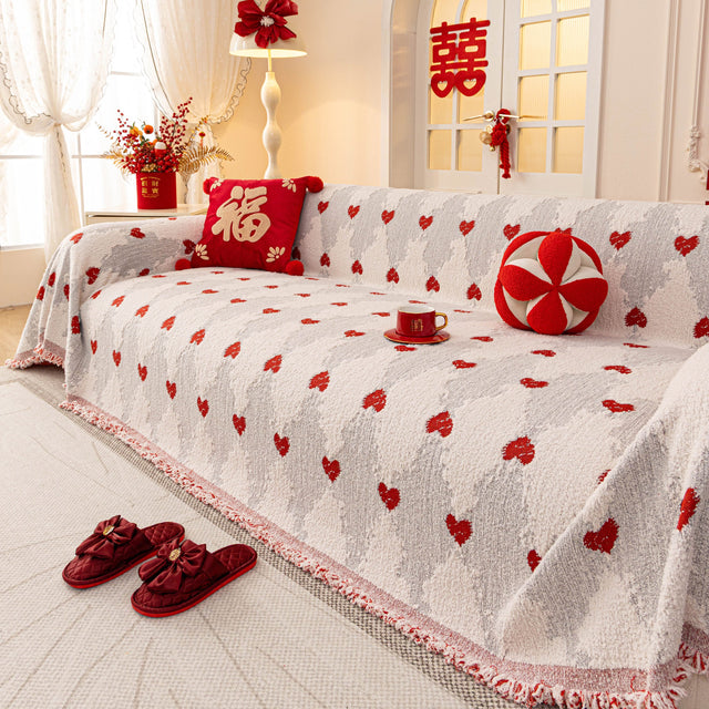 Chinese New Year Sofa Throw Cover Blanket, Decor Festive Red Fu Pattern Couch Cover - Ornate Home