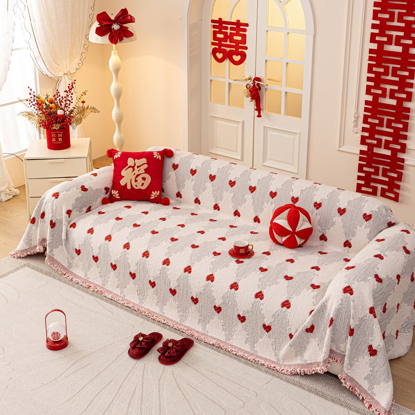 Chinese New Year Sofa Throw Cover Blanket, Decor Festive Red Fu Pattern Couch Cover - Ornate Home