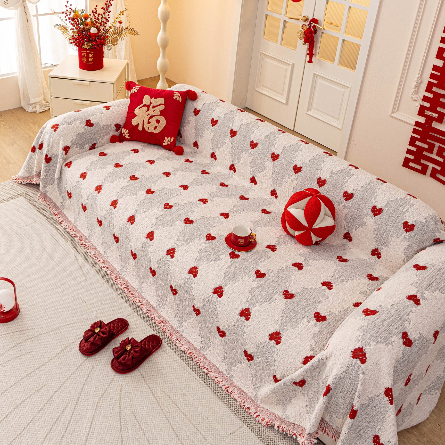 Chinese New Year Sofa Throw Cover Blanket, Decor Festive Red Fu Pattern Couch Cover - Ornate Home