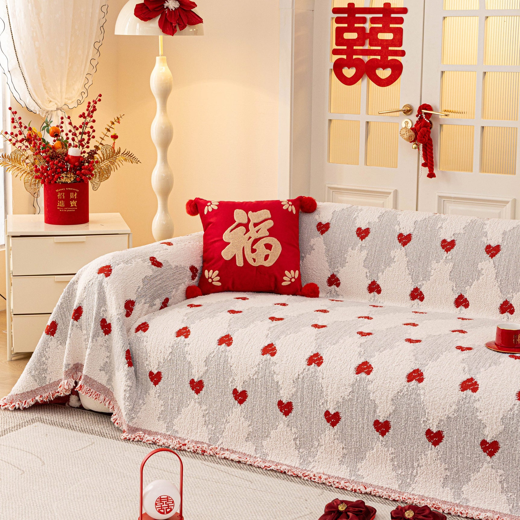 Chinese New Year Sofa Throw Cover Blanket, Decor Festive Red Fu Pattern Couch Cover - Ornate Home